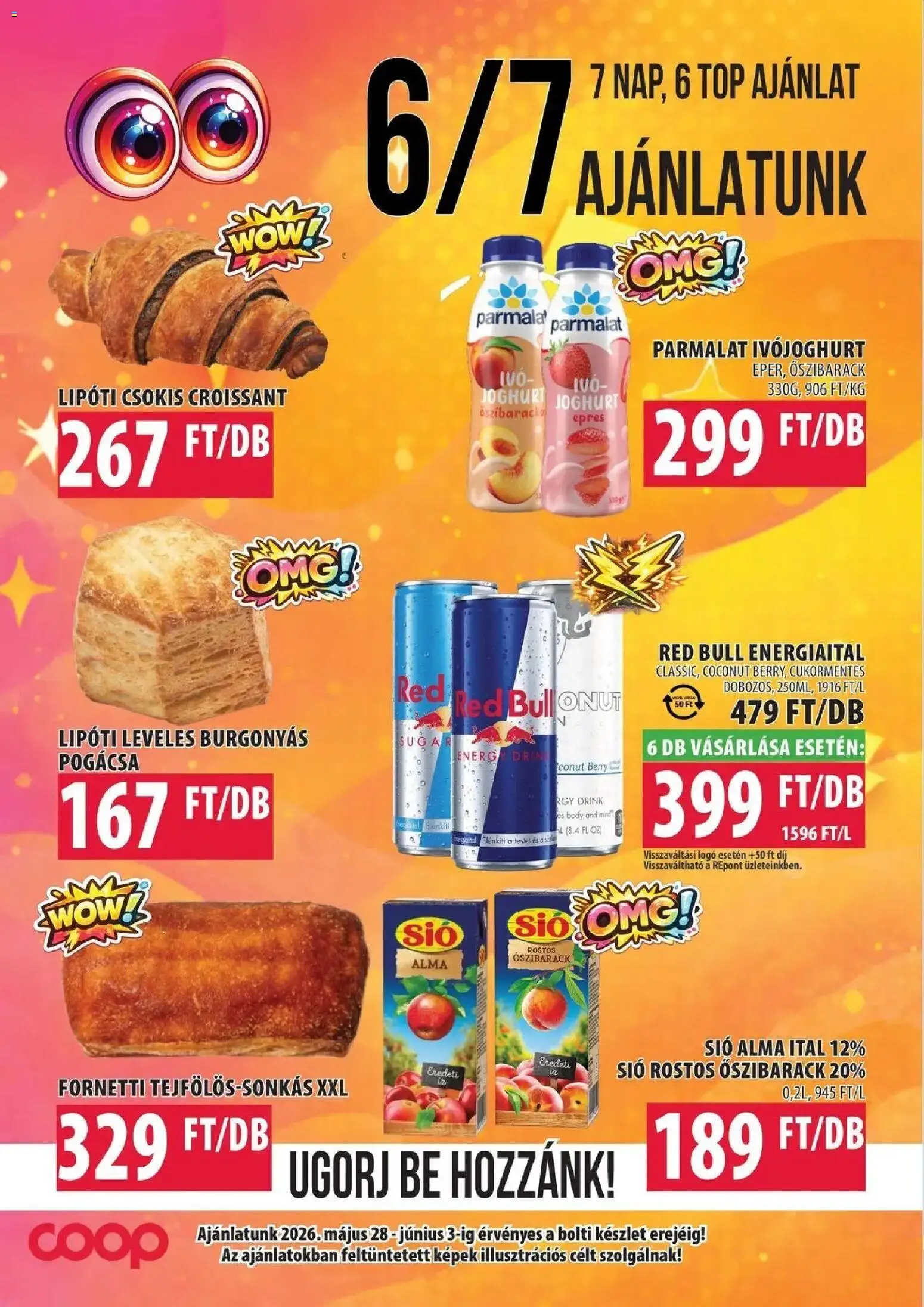 COOP Szolnok akciós ujság - amely érvényes a következő dátumtól: 28.05.2026 | Oldal: 2 | Termékek: Ivójoghurt, Őszibarack, Red bull, Pogácsa