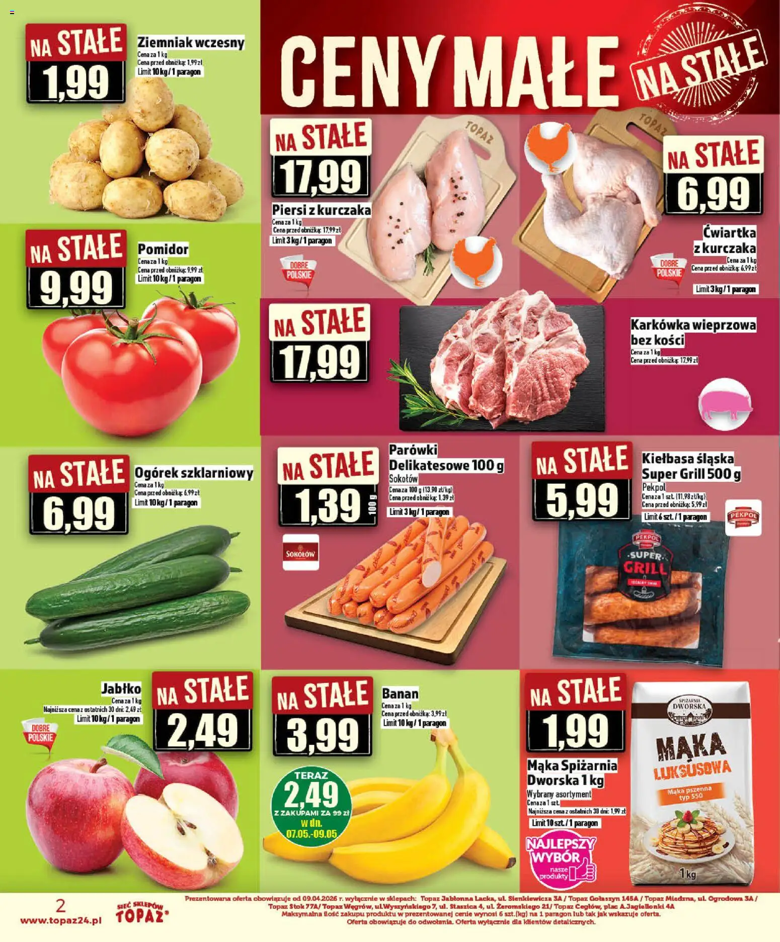Topaz gazetka - Ceny małe na stałe od 07.05.2026 | Strona: 2 | Produkty: Karkówka, Karkówka wieprzowa, Kiełbasa śląska, Banan