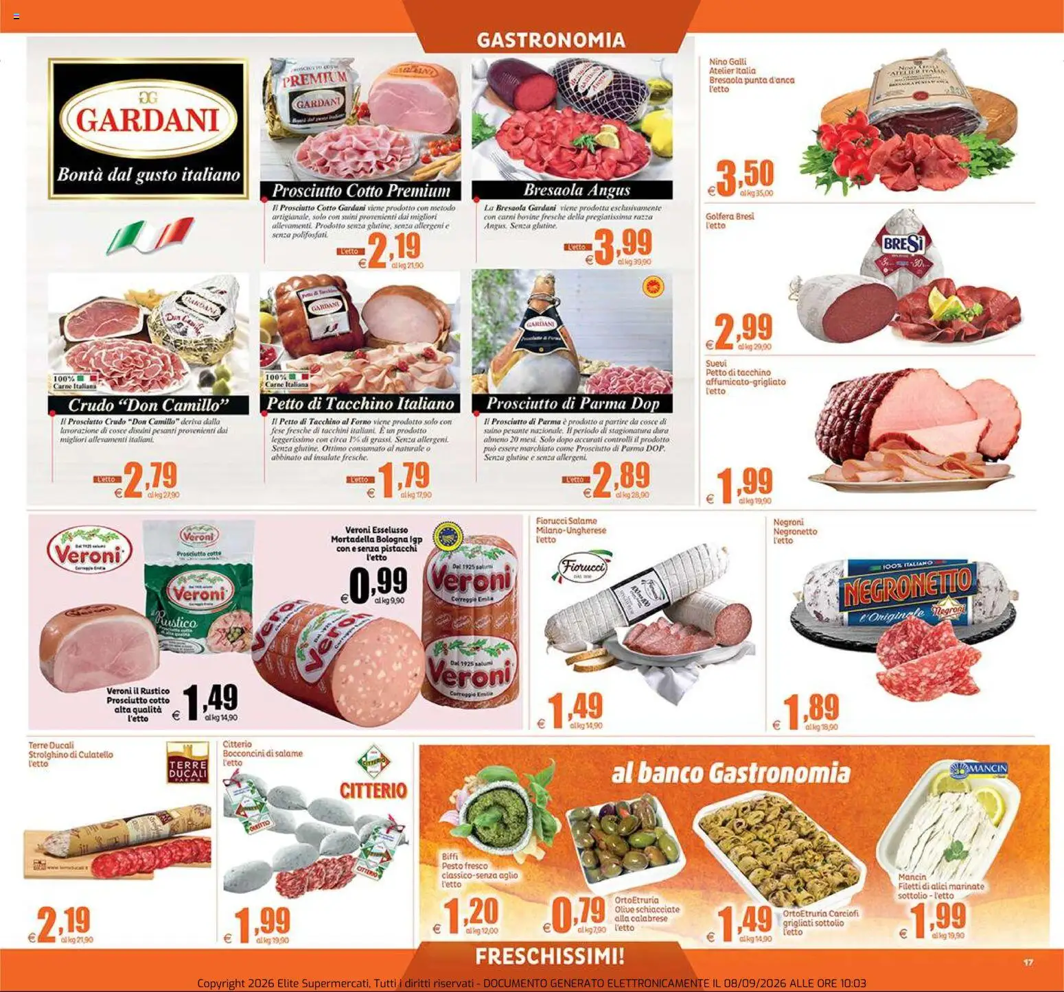 Volantino Elite Supermercati del 10/09/2026 | Pagina: 17 | Prodotti: Bresaola, Prosciutto, Carciofi, Carne