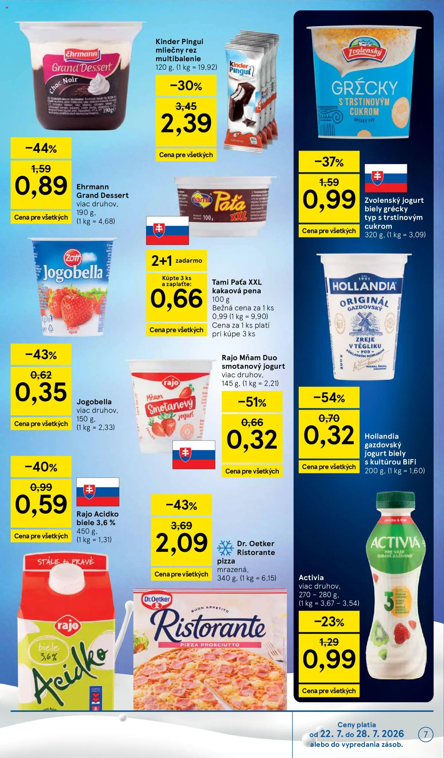 Nové Tesco akcie – leták je platný od 22.07.2026 | Strana: 7 | Produkty: Jogurt, Kinder, Smotanový jogurt, Pena