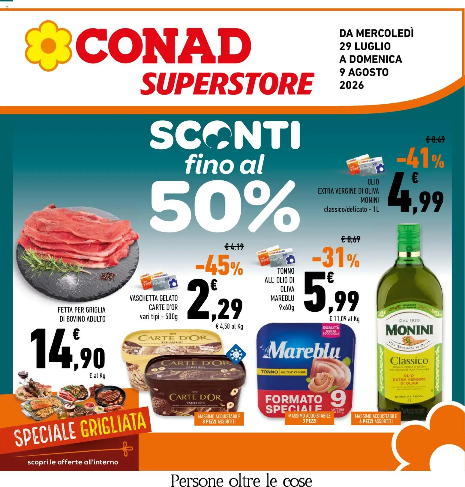 Volantino Conad del 29/07/2026 | Pagina: 1 | Prodotti: Olio, Olive, Tonno, Olio extra vergine