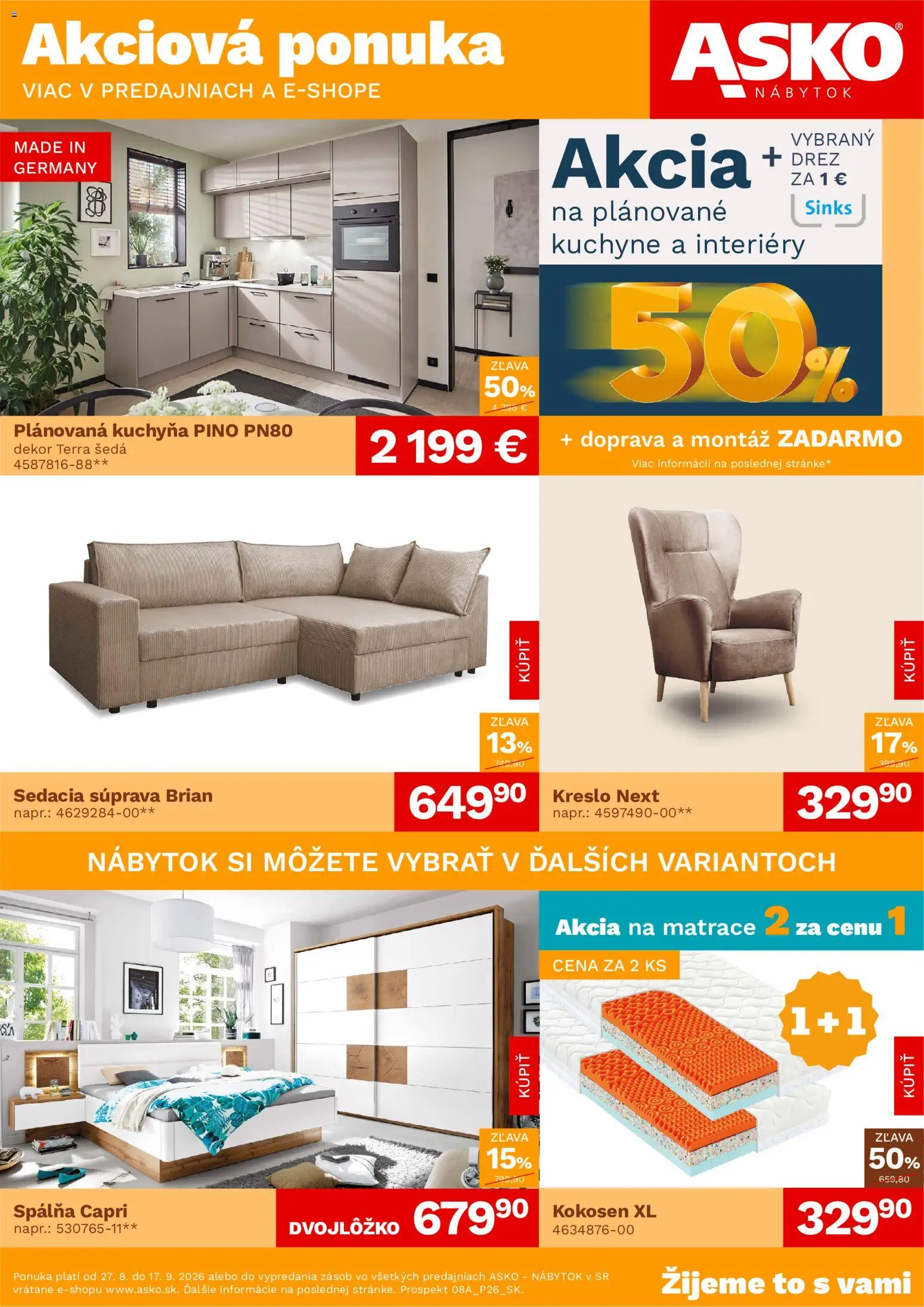 Nové ASKO nábytok akcie – leták je platný od 27.08.2026 | Strana: 1 | Produkty: Matrace, Nábytok, Sedacia súprava, Drez