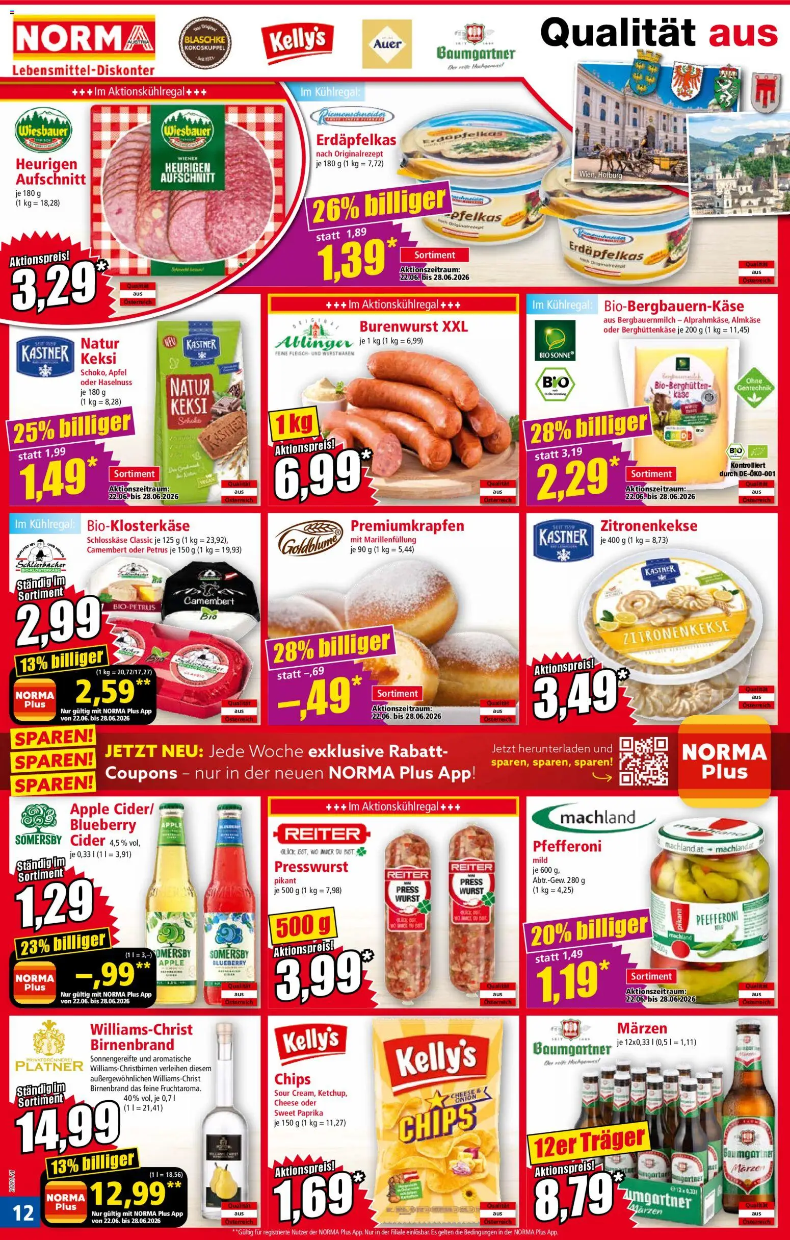 Norma Flugblatt gültig ab 22.06.2026 | Seite: 12 | Produkte: Chips, Wurst, Apple, Käse
