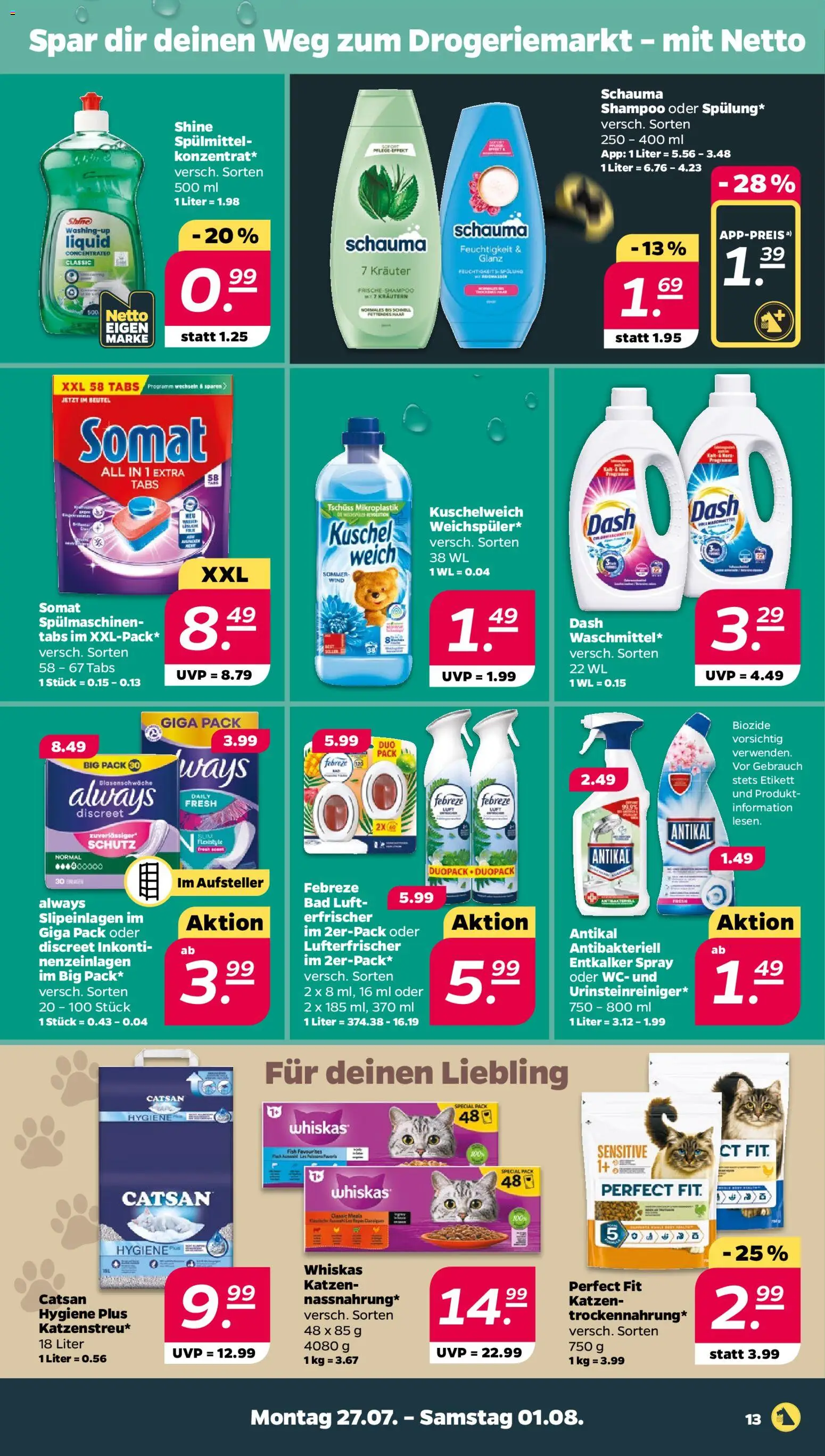 Netto Prospekt – gültig ab 27.07.2026 | Seite: 13 | Produkte: Catsan, Bad, Kuschelweich, Whiskas