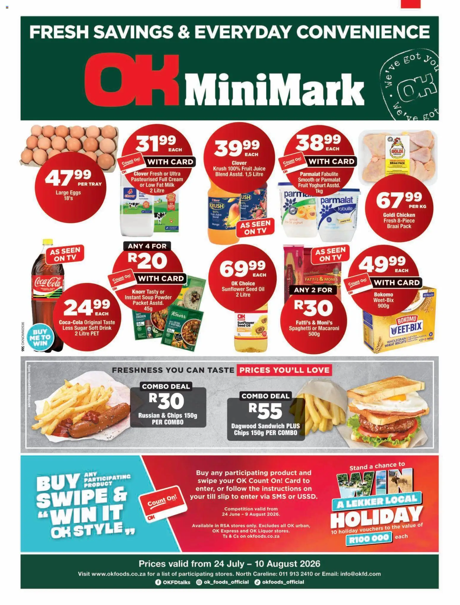 New OK Foods catalogue – valid from 24/07/2026 | Page: 1 | Products: Yoghurt, Juice, Powder, Mango