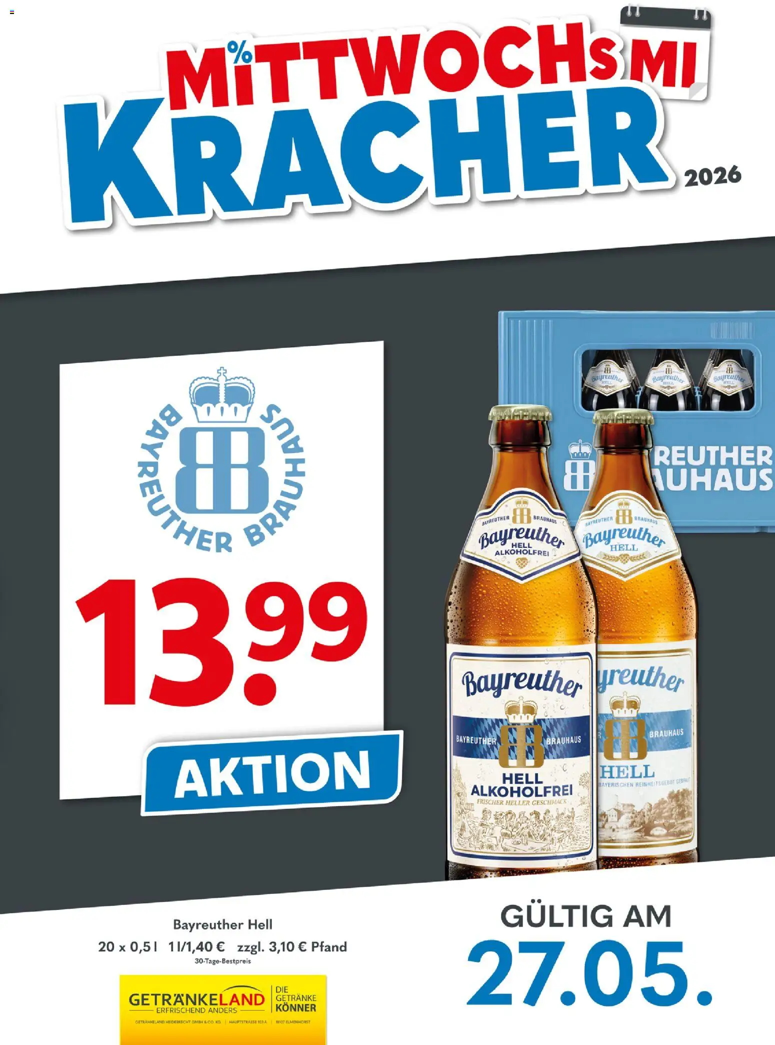 Getränkeland Mittwochs Kracher – gültig ab 27.05.2026 | Seite: 1 | Produkte: Bayreuther hell