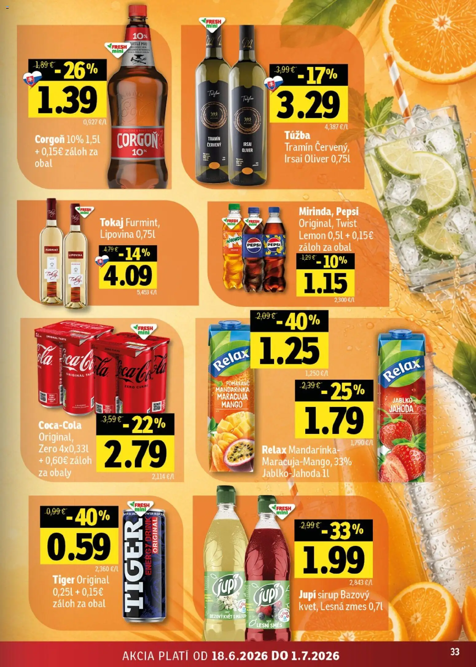 Nové Fresh akcie – leták je platný od 18.06.2026 | Strana: 33 | Produkty: Pivo, Corgoň, Pepsi, Mango