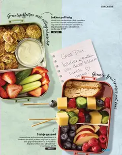 Mepal Lunchbox take a break midi - vivid mauve, Bewaar kaas en komkommer gesneden in je koelkast, dan hoef je alleen nog even te rijgen. Een gegarandeerde hit in de lunchbox. - Voorbeeld van een folder van Albert Heijn, geldig van 14-08-2026 | Pagina: 67 | Producten: Lunchbox, Kaas, Dip, Fruit
