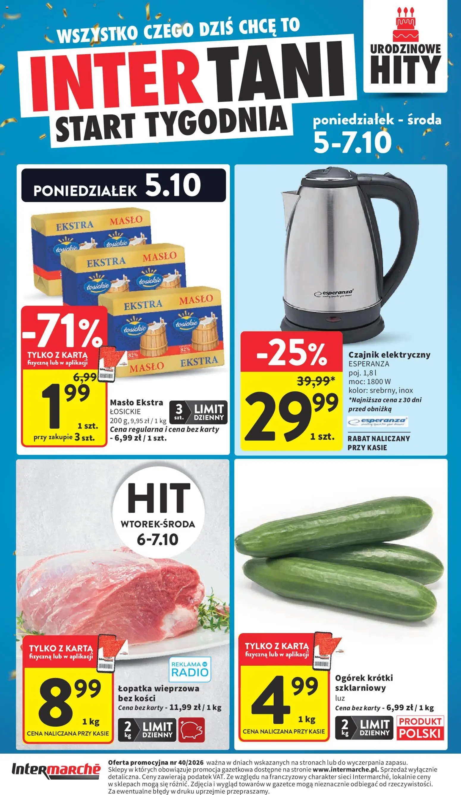 Intermarche gazetka od 01.10.2026 | Strona: 48 | Produkty: Czajnik elektryczny, Ogórek, Łopatka wieprzowa, Masło