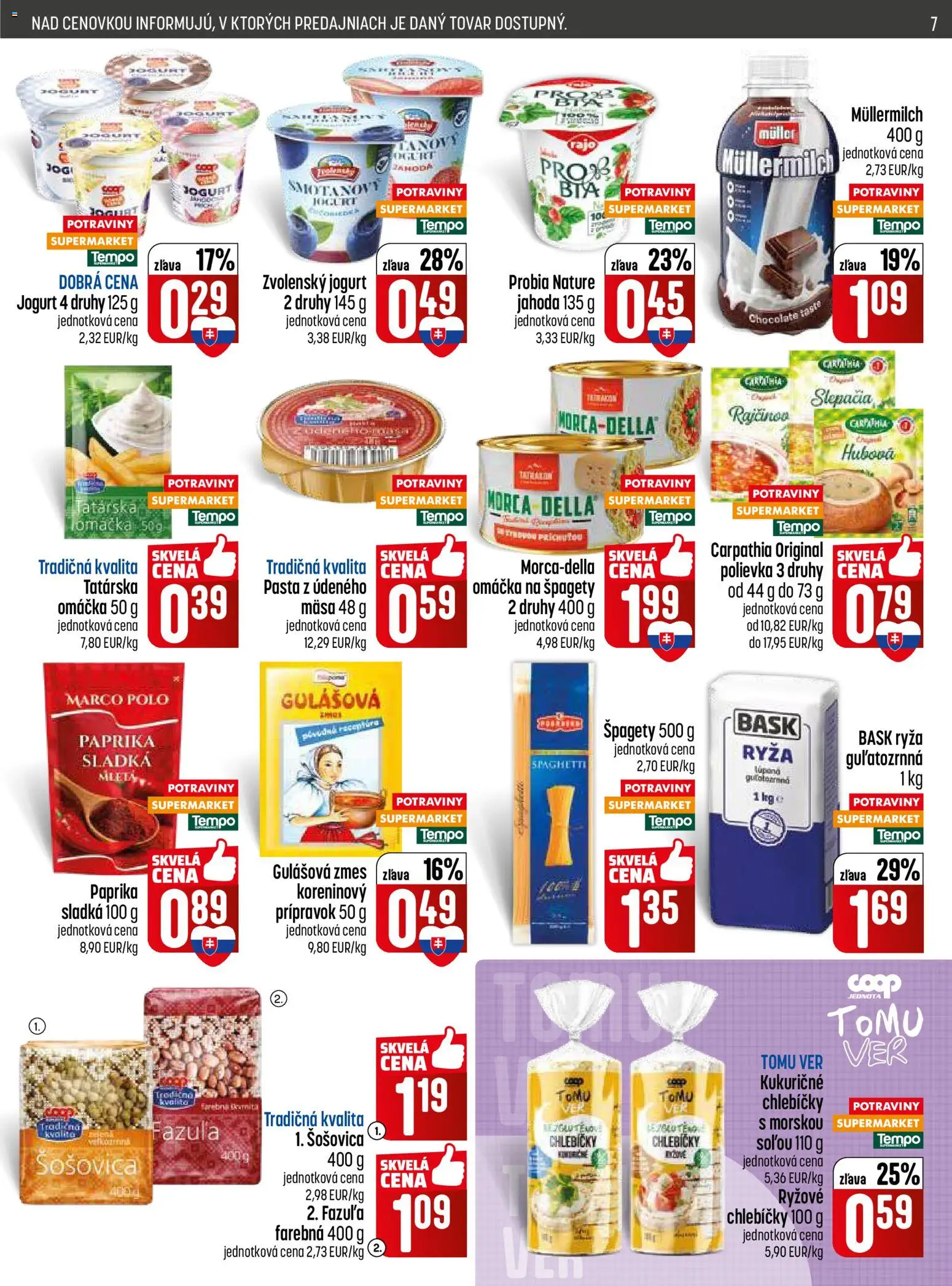 Nové COOP Jednota akcie – leták je platný od 28.05.2026 | Strana: 7 | Produkty: Jogurt, Šošovica, Omáčka, Špagety