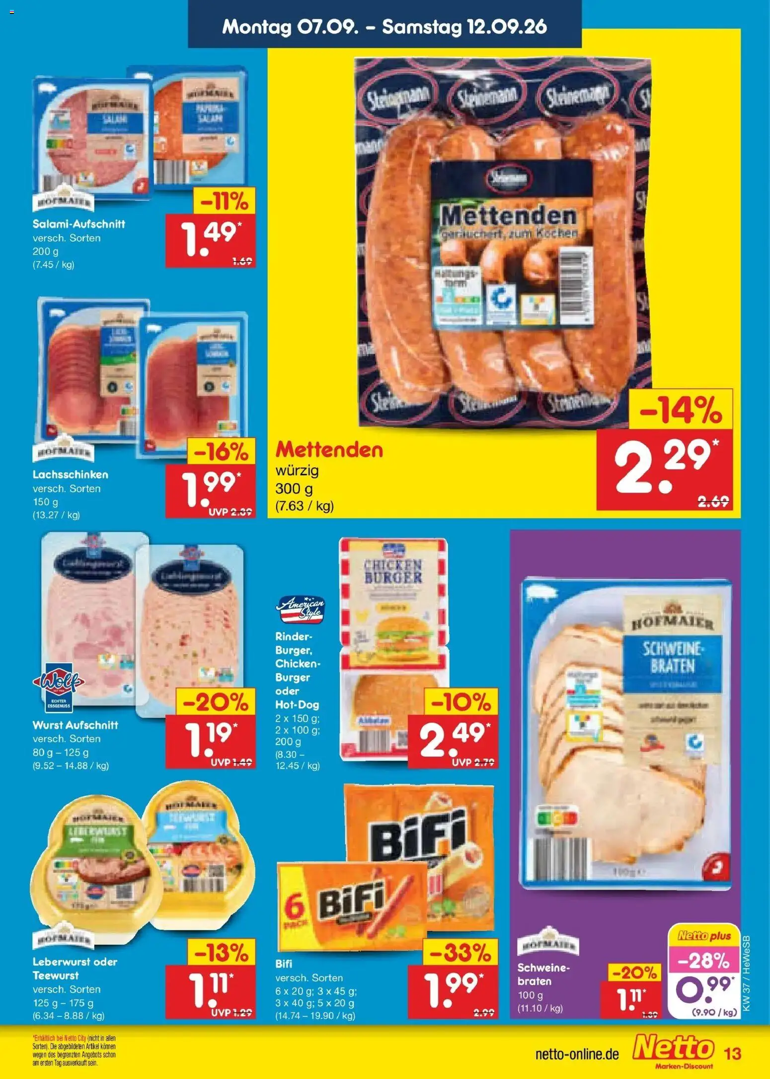 Netto Marken-Discount Prospekt Hamburg – gültig ab 07.09.2026 | Seite: 19 | Produkte: Bifi, Burger, Wurst