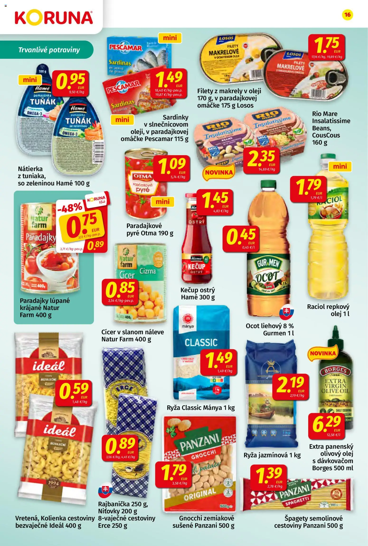 Nové Koruna akcie – leták je platný od 09.10.2026 | Strana: 16 | Produkty: Cestoviny, Olivový olej, Losos, Špagety