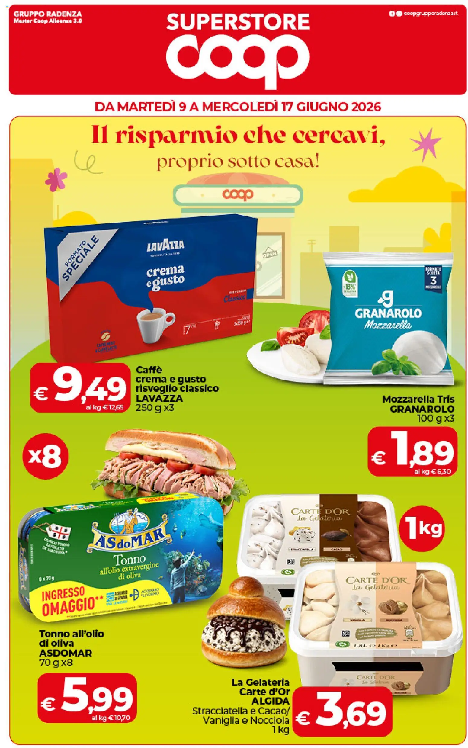 Volantino COOP del 09.06.2026 | Pagina: 1 | Prodotti: Mozzarella, Tonno, Lavazza, Stracciatella
