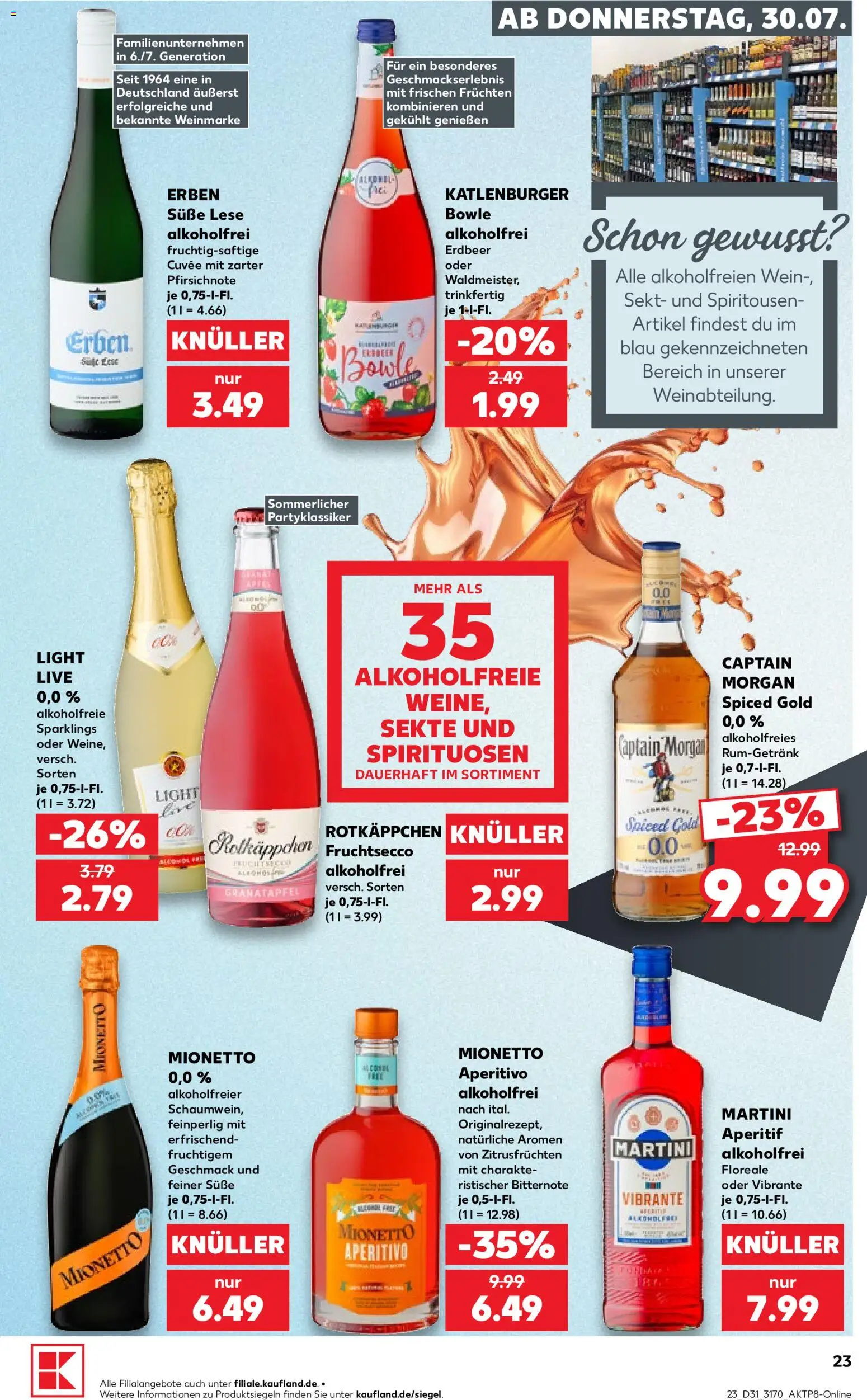 Kaufland Prospekt Rostock – gültig ab 30.07.2026 | Seite: 23 | Produkte: Sekt, Fruchtsecco, Captain morgan, Rotkäppchen