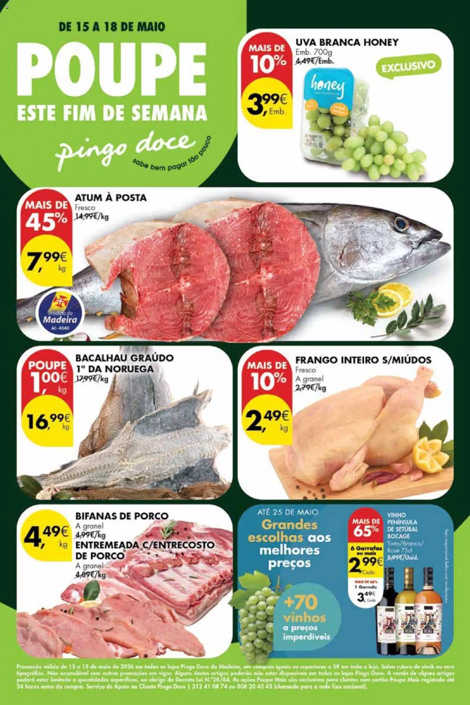 Pingo Doce Poupe este Fim de Semana Madeira │ válido de 15.05.2026 | Página: 1 | Produtos: Atum, Bacalhau, Frango, Vinho