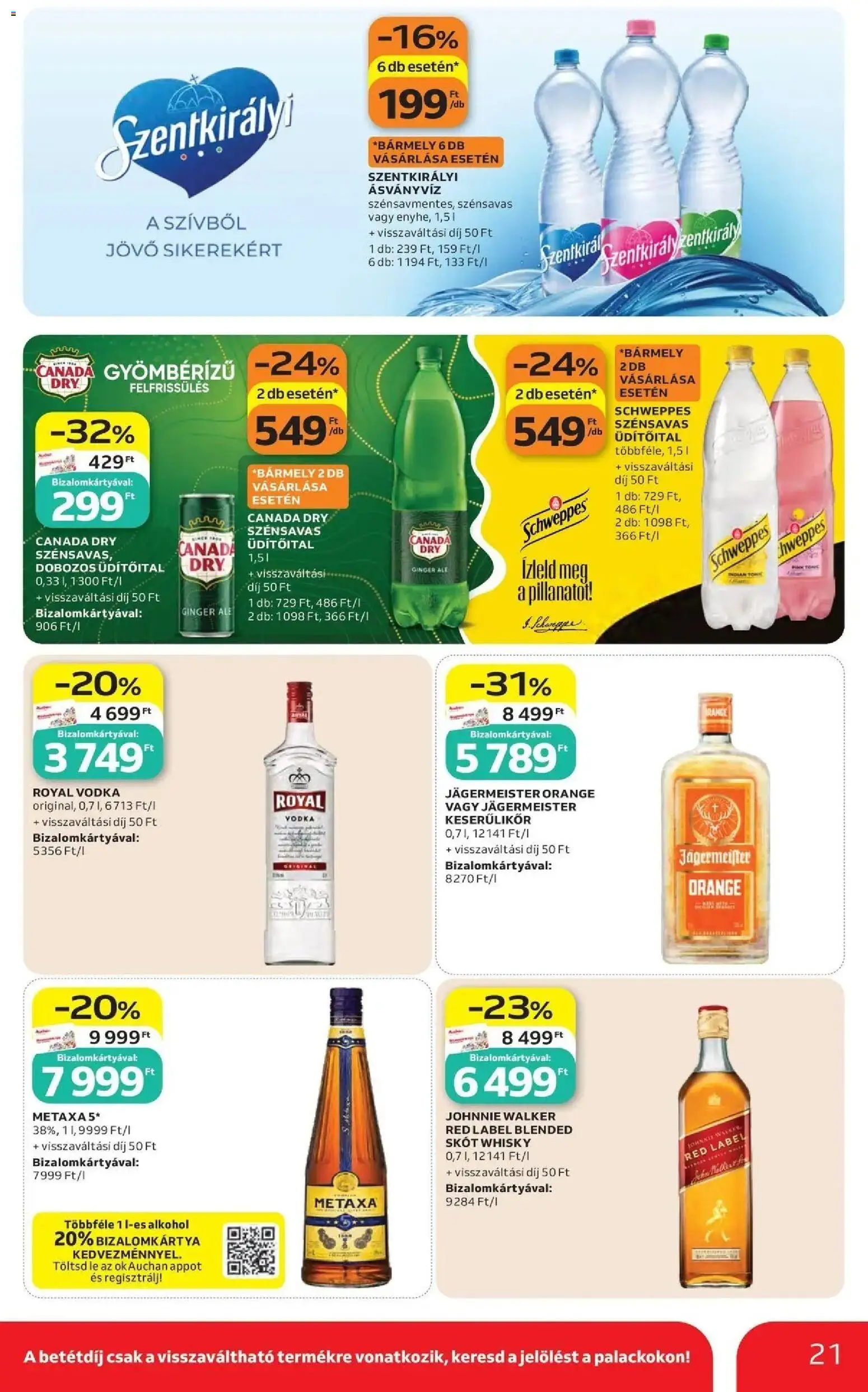 Auchan akciós ujság - amely érvényes a következő dátumtól: 2026.07.30. | Oldal: 21 | Termékek: Johnnie Walker, Szentkirályi ásványvíz, Ásványvíz, Keserűlikőr