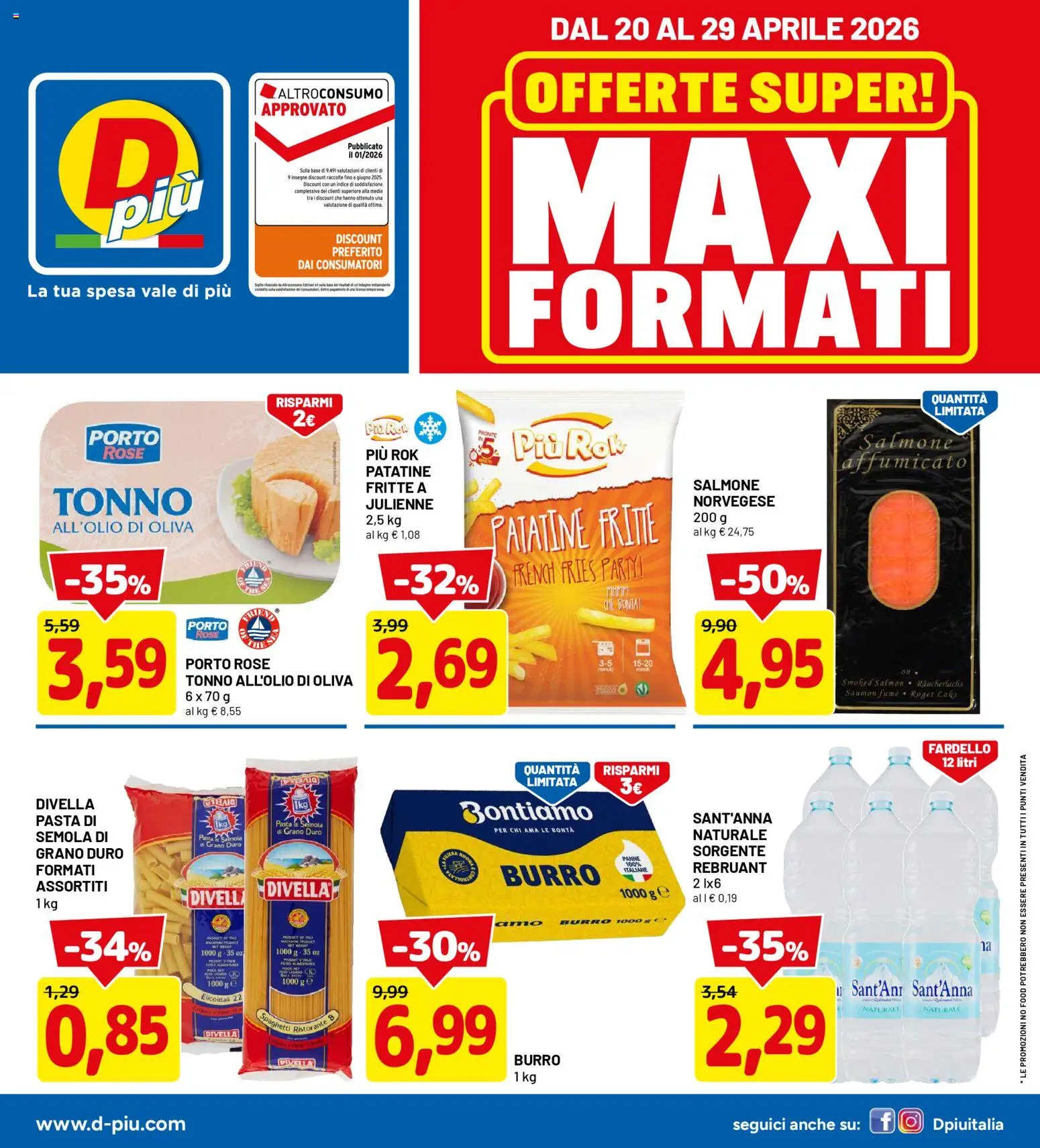 Volantino D Più del 20.04.2026 | Pagina: 1 | Prodotti: Salmone, Patatine, Pasta, Tonno