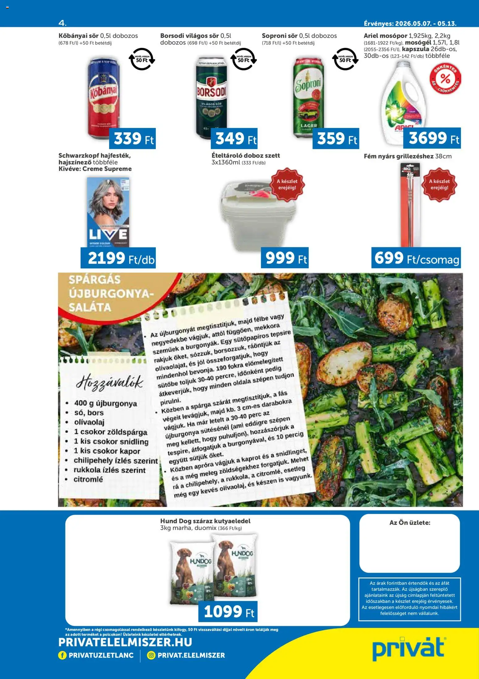 PRIVÁT akciós ujság - amely érvényes a következő dátumtól: 07.05.2026 | Oldal: 4 | Termékek: Ariel, Kutyaeledel, Mosógél, Bors