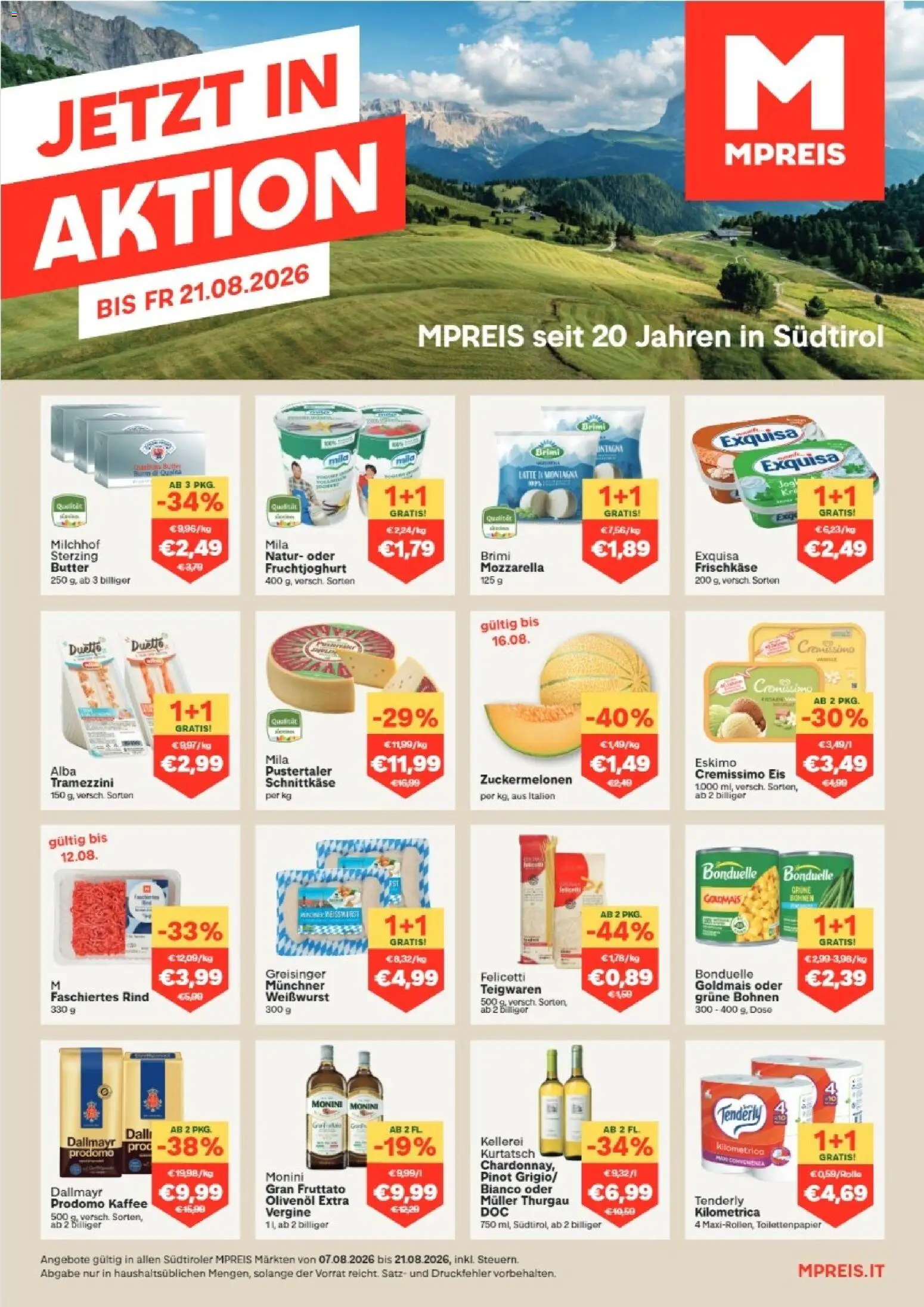 MPREIS Algund gültig ab 07.08.2026 | Seite: 1 | Produkte: Eis, Butter, Kaffee