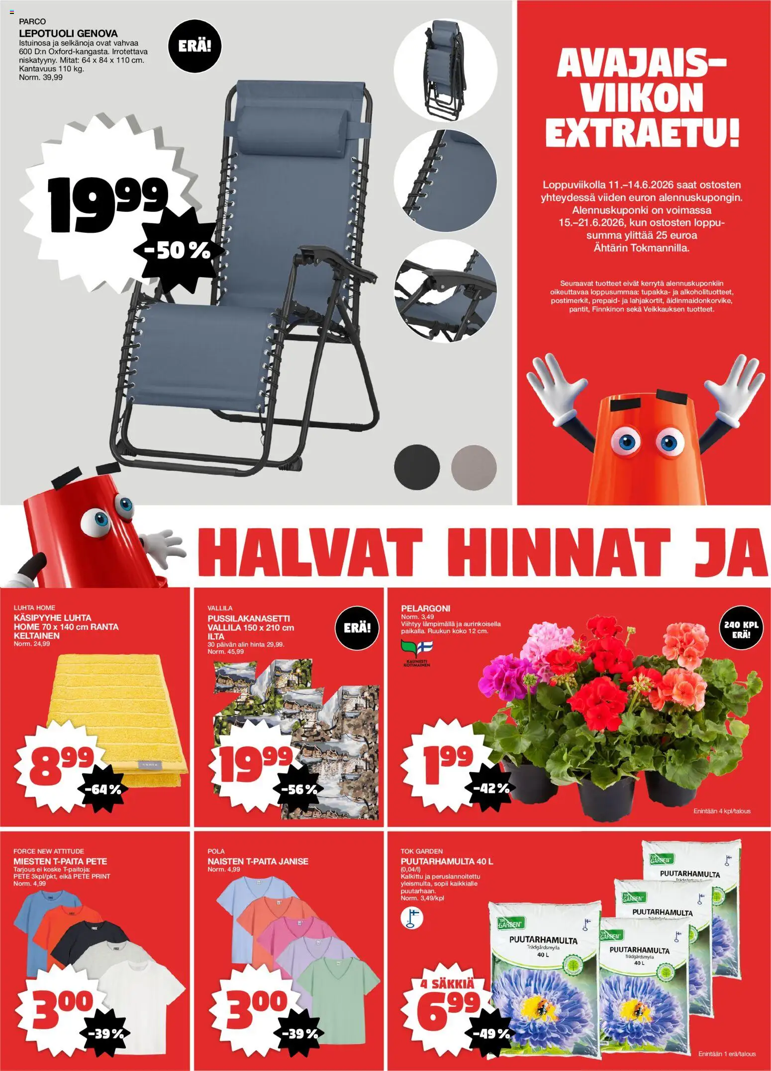 Tokmanni - Ähtärin avajaiset – voimassa 11.06.2026 alkaen | Sivu: 2 | Tuotteet: Pussilakanasetti, Lepotuoli, T-paita