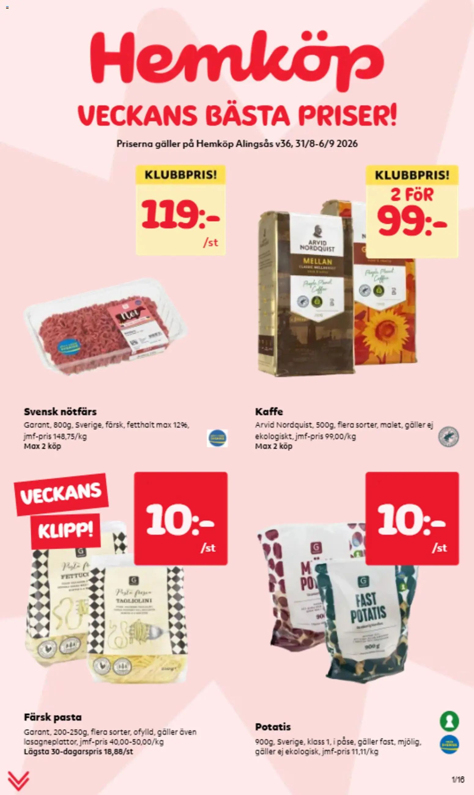 Hemköp reklamblad aktuell från 31/08/2026 | Sida: 1 | Produkter: Nötfärs, Galler, Potatis, Pasta