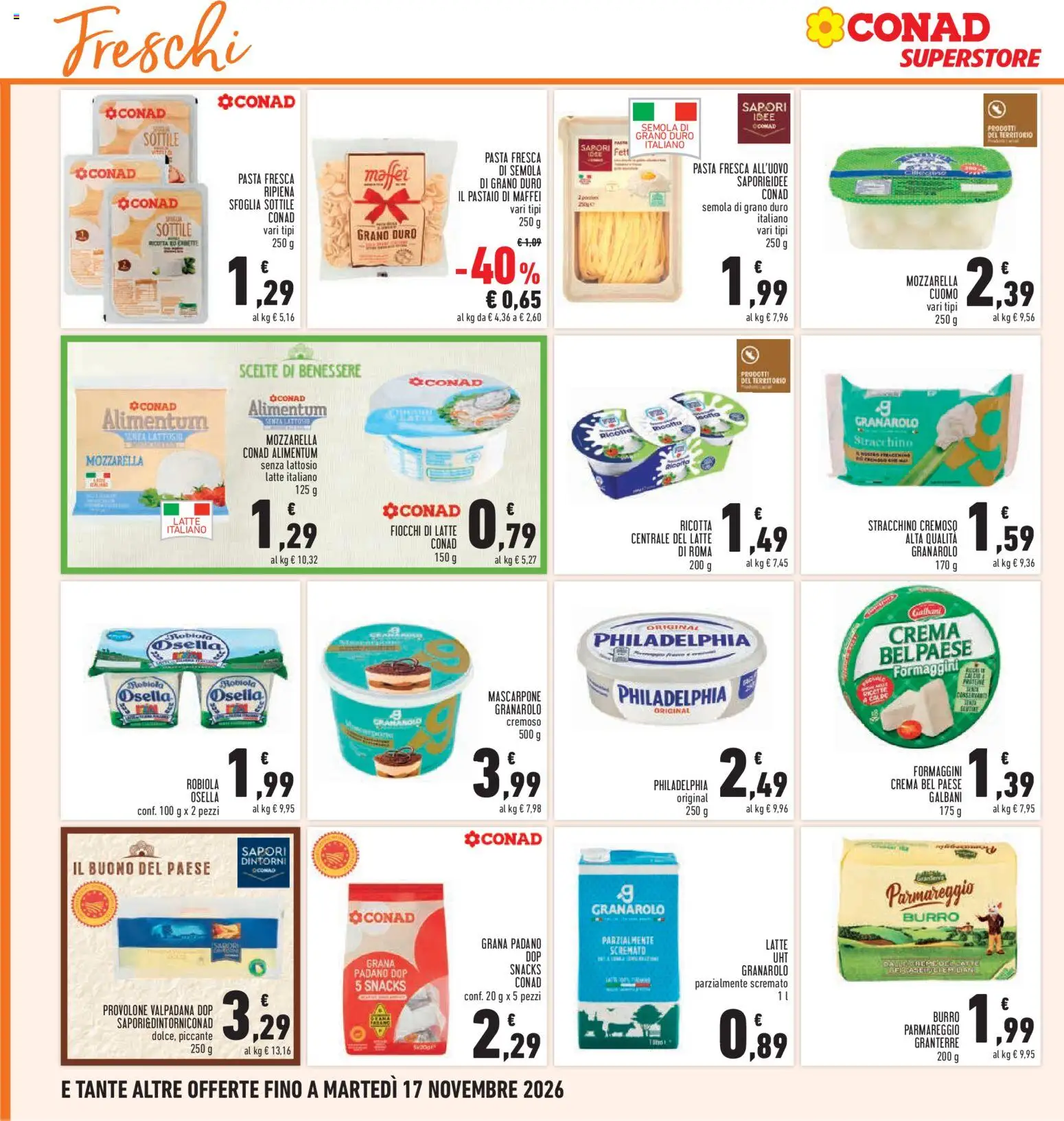 Volantino Conad del 05/11/2026 | Pagina: 14 | Prodotti: Provolone, Mozzarella, Latte, Grana Padano