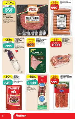 AUCHAN KEDVENC CSEMEGE TÉLISZALÁMI VAGY NEMESPENÉSZES SZALÁMI, 400 g - amely érvényes a következő dátumtól: 2026.08.13. | Oldal: 6 | Termékek: Sült, Pick, Tarja, Szalámi