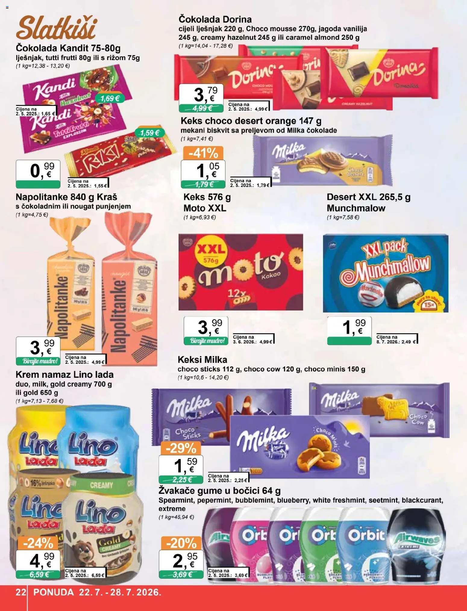 KTC katalog | vrijedi od 22.07.2026 | Stranica: 22 | Proizvodi: Žvakaće gume, Dorina, Lino Lada, Napolitanke