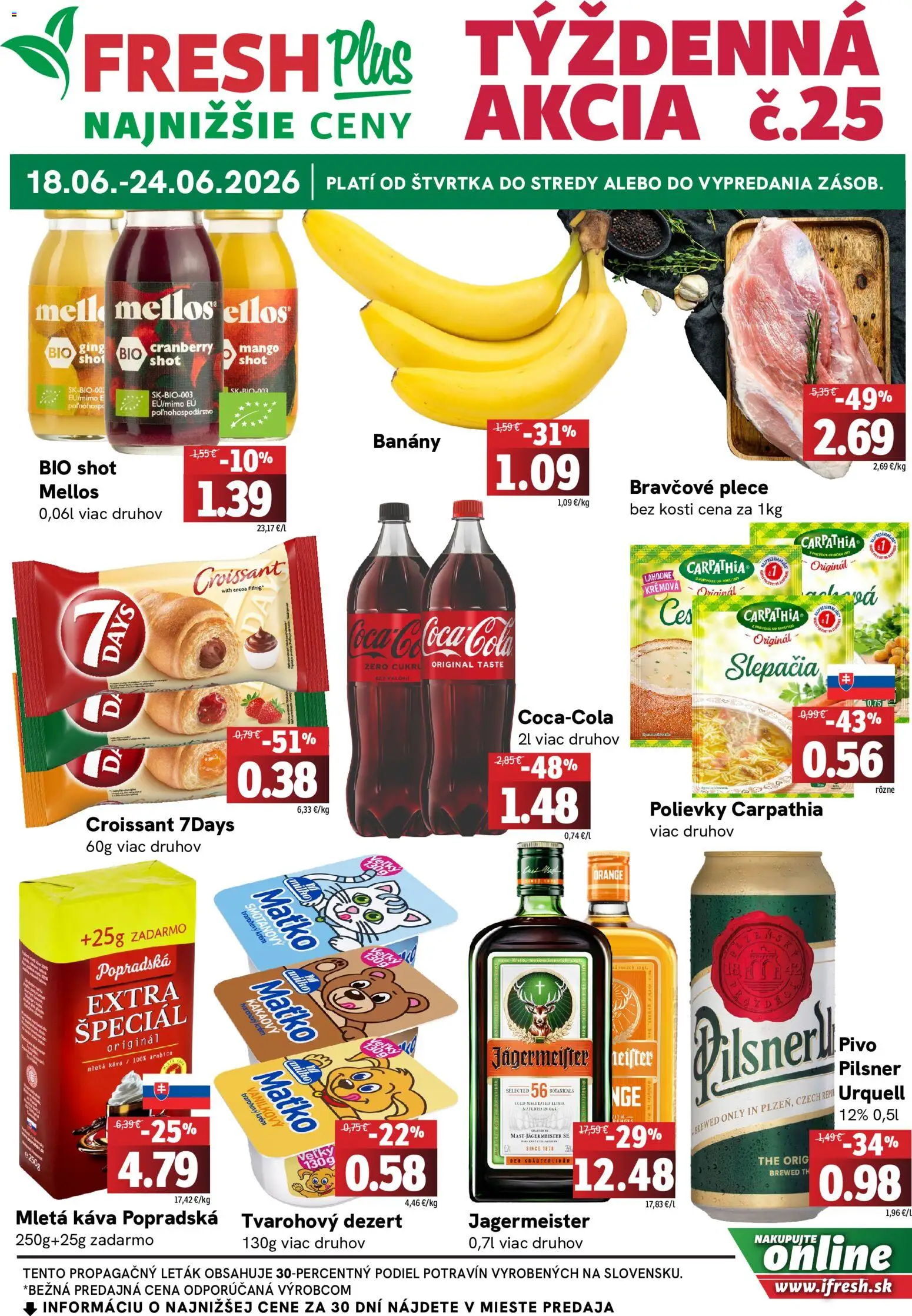 Nové Fresh akcie – leták je platný od 18.06.2026 | Strana: 1 | Produkty: Káva, Bravčové plece, Krém, Mango