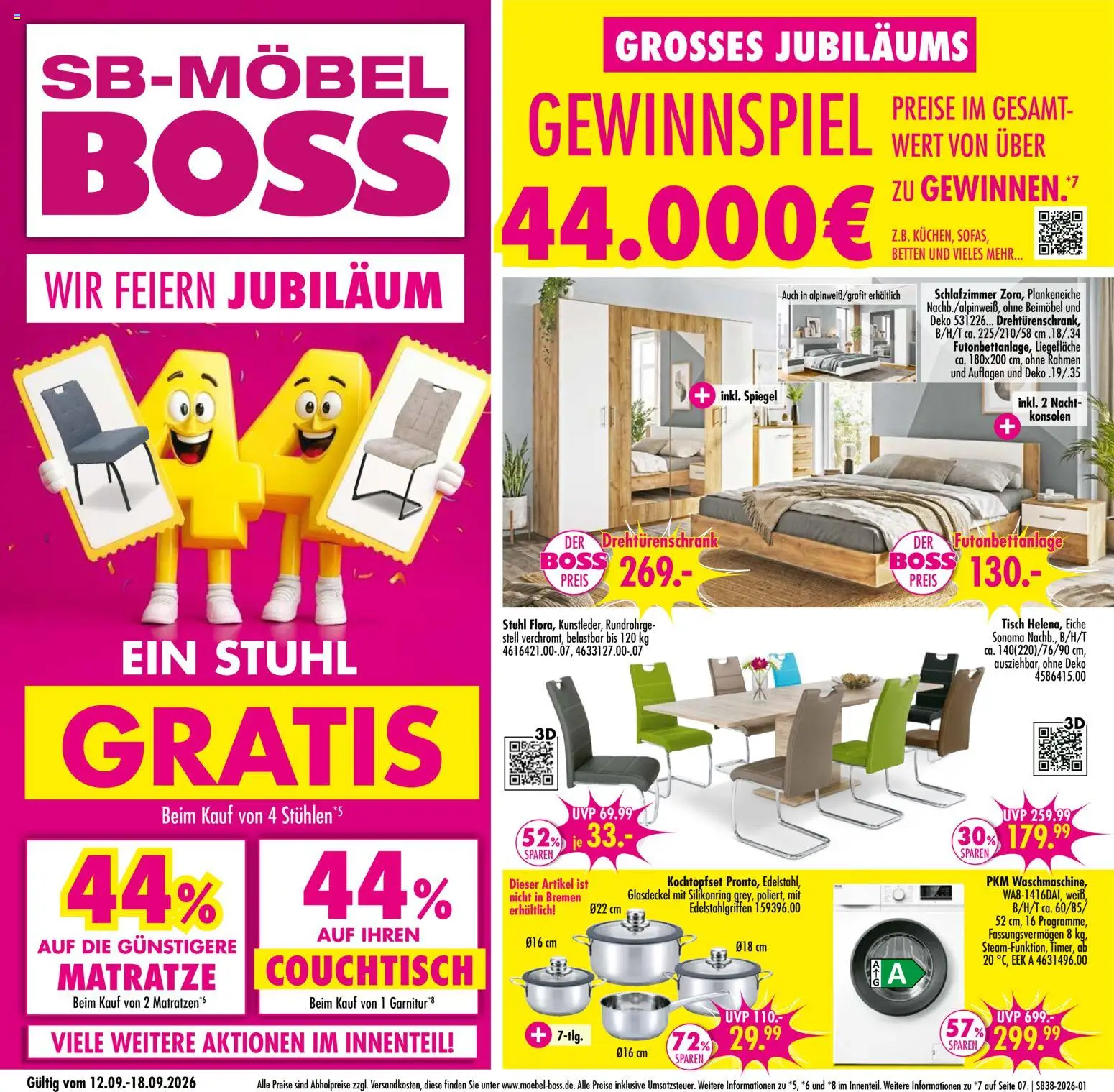 SB Möbel Boss Prospekt – gültig ab 12.09.2026 | Seite: 1 | Produkte: Matratze, Couchtisch, Tisch, Stuhl