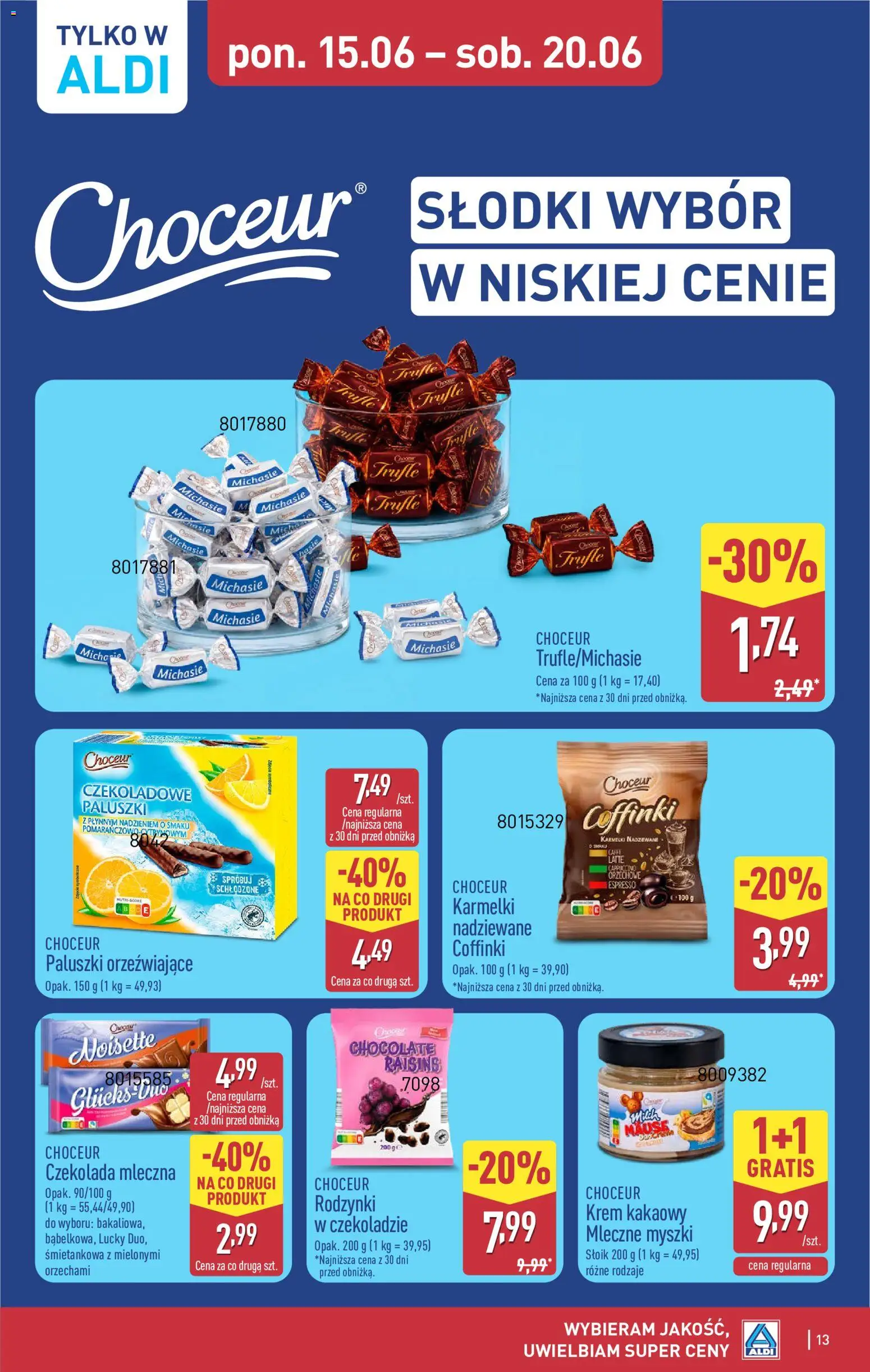 Aldi gazetka od 15.06.2026 | Strona: 13 | Produkty: Czekolada mleczna, Cappuccino, Paluszki, Czekolada