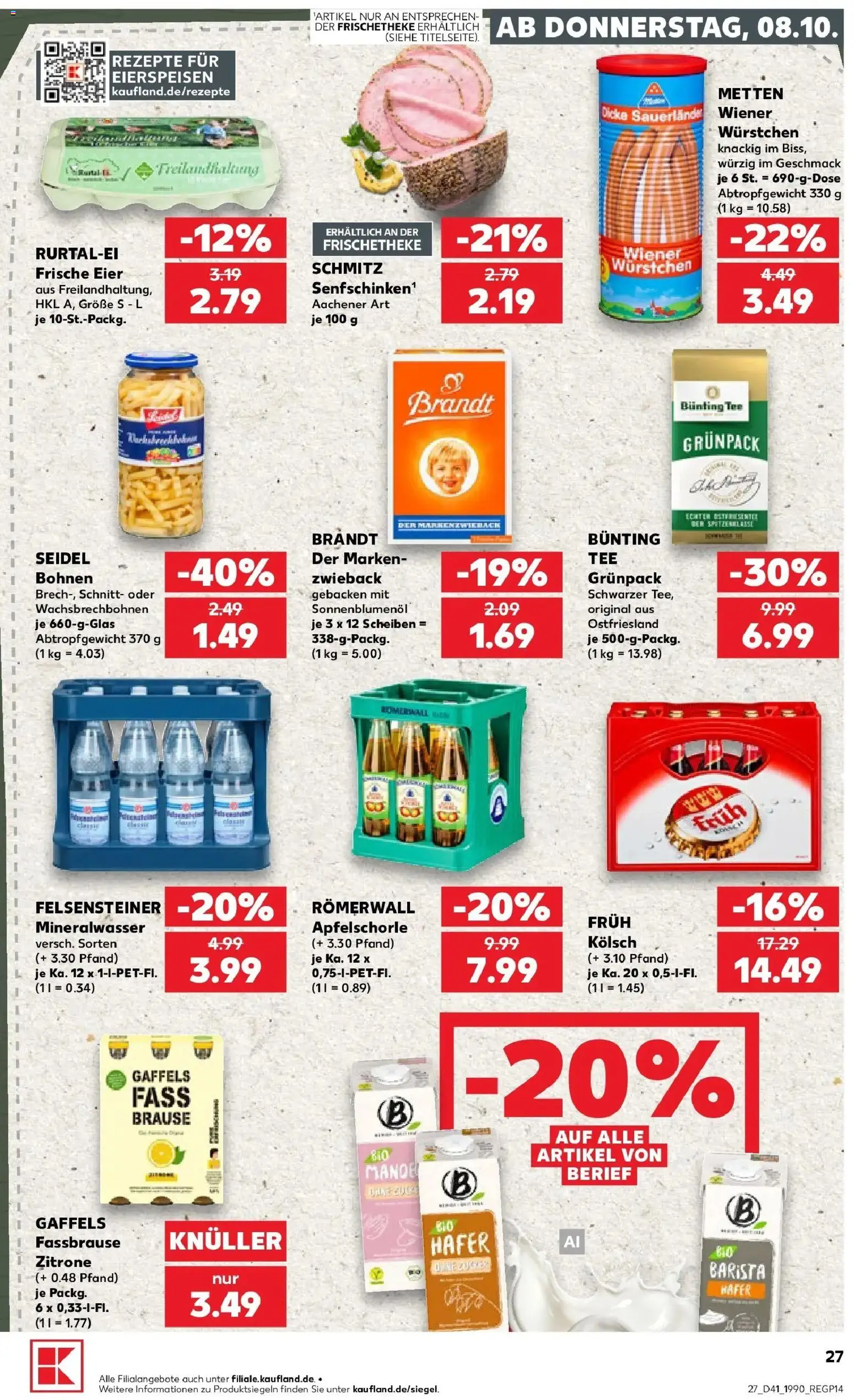 Prospekt Kaufland ab 08.10.2026 » Angebote Online zum Blättern | Seite: 27 | Produkte: Eier, Sonnenblumenol, Mineralwasser, Fassbrause