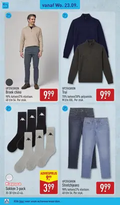 Broek chino, 98% katoen/2% elastaan. 48 t/m 54. Per stuk. - Voorbeeld van een folder van Aldi, geldig van 21-09-2026 | Pagina: 52 | Producten: Broek, Sokken, Sweater, Trui