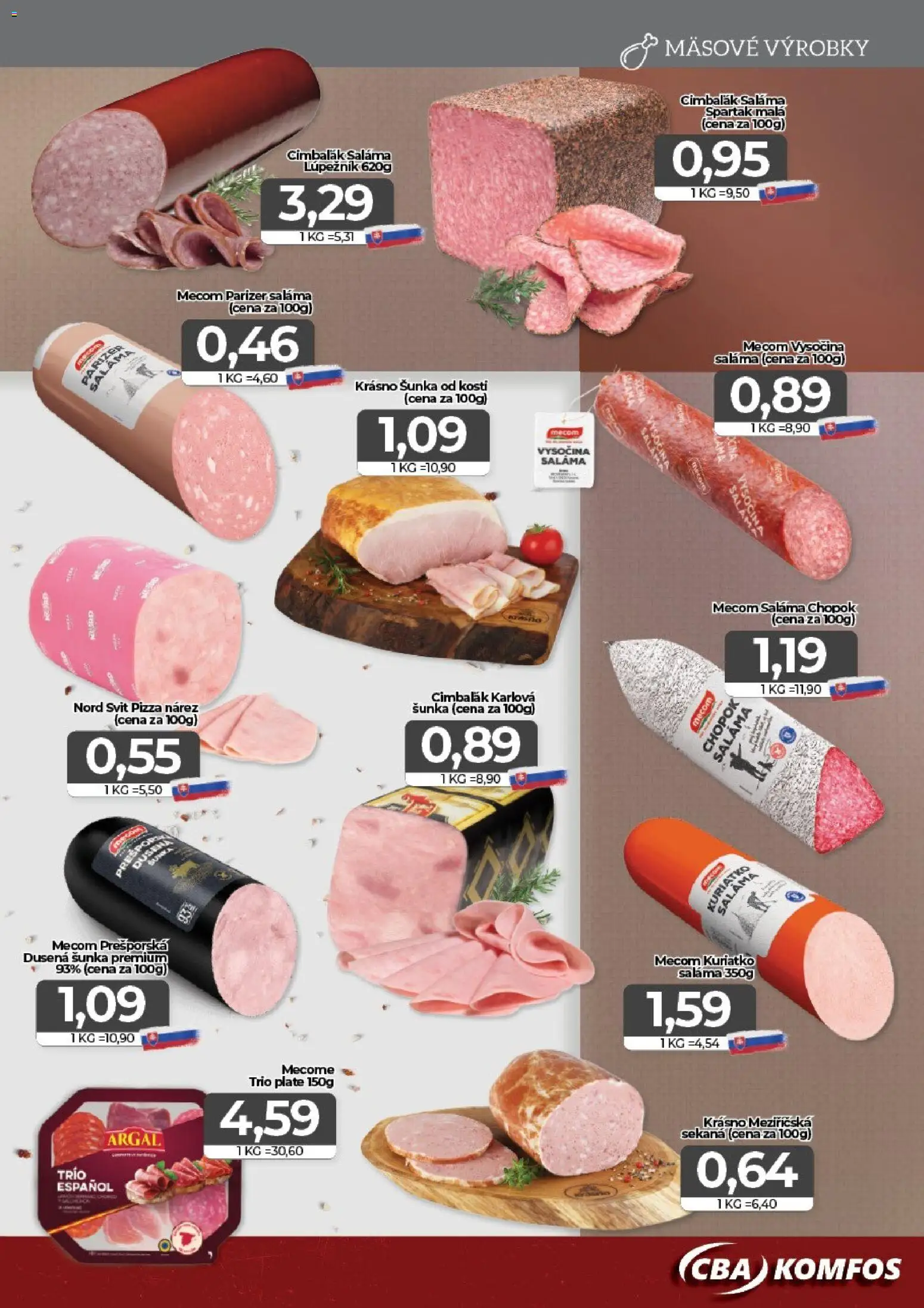 Nové CBA Komfos akcie – leták je platný od 22.05.2026 | Strana: 3 | Produkty: Saláma, Šunka, Pizza