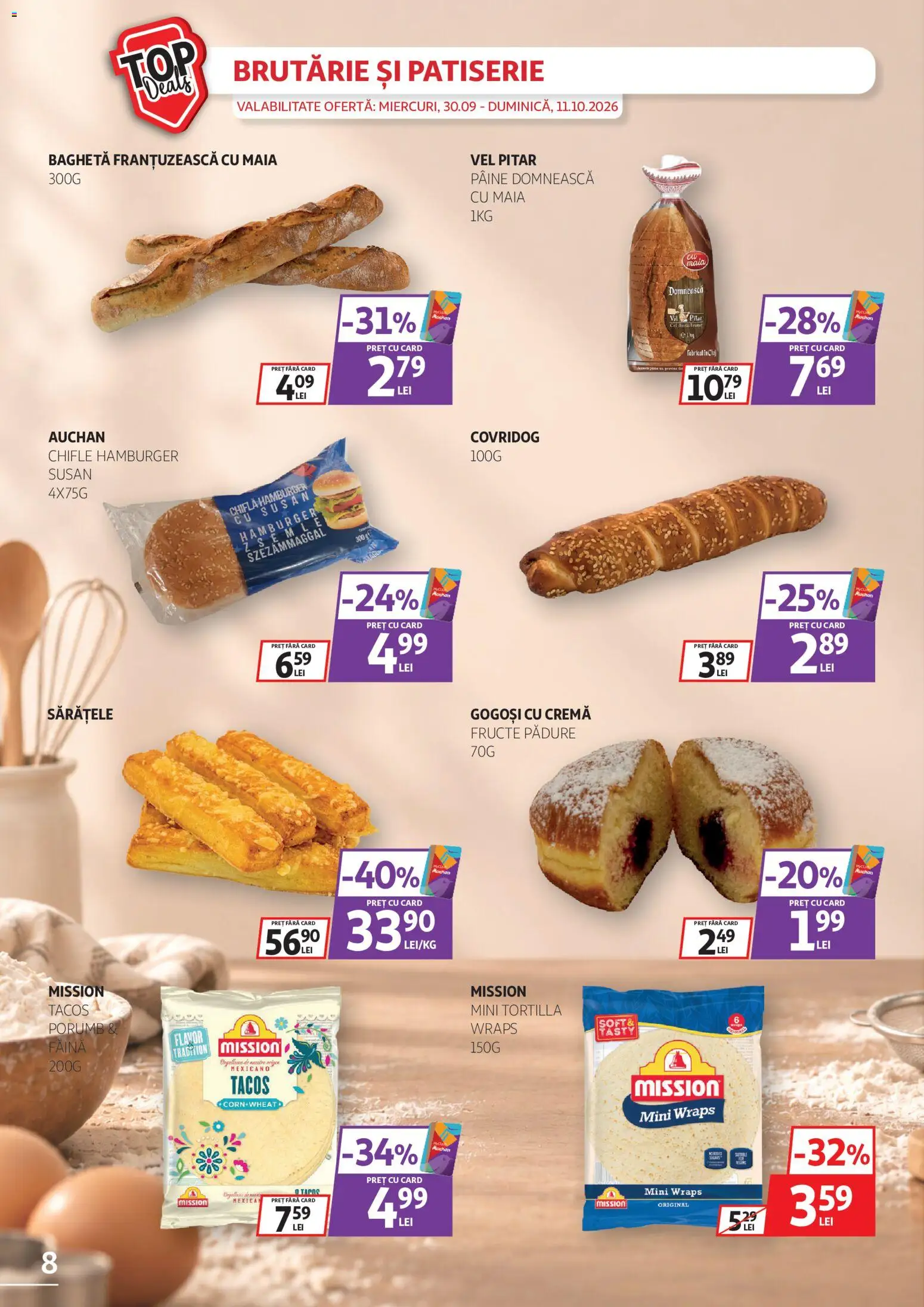 Noul catalog Auchan – valabil de la 30.09.2026 | Pagină: 8 | Produse: Chiflă, Cremă, Gogoși, Porumb