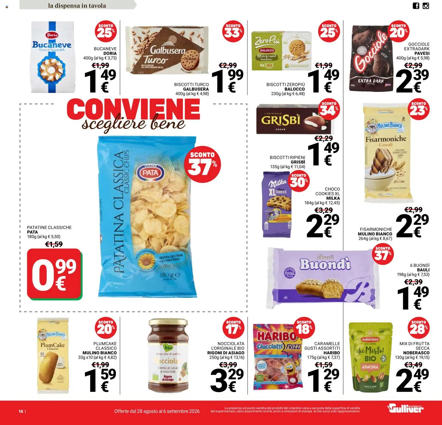 Volantino Gulliver del 28/08/2026 | Pagina: 16 | Prodotti: Senza glutine, Caramelle, Biscotti, Frutta