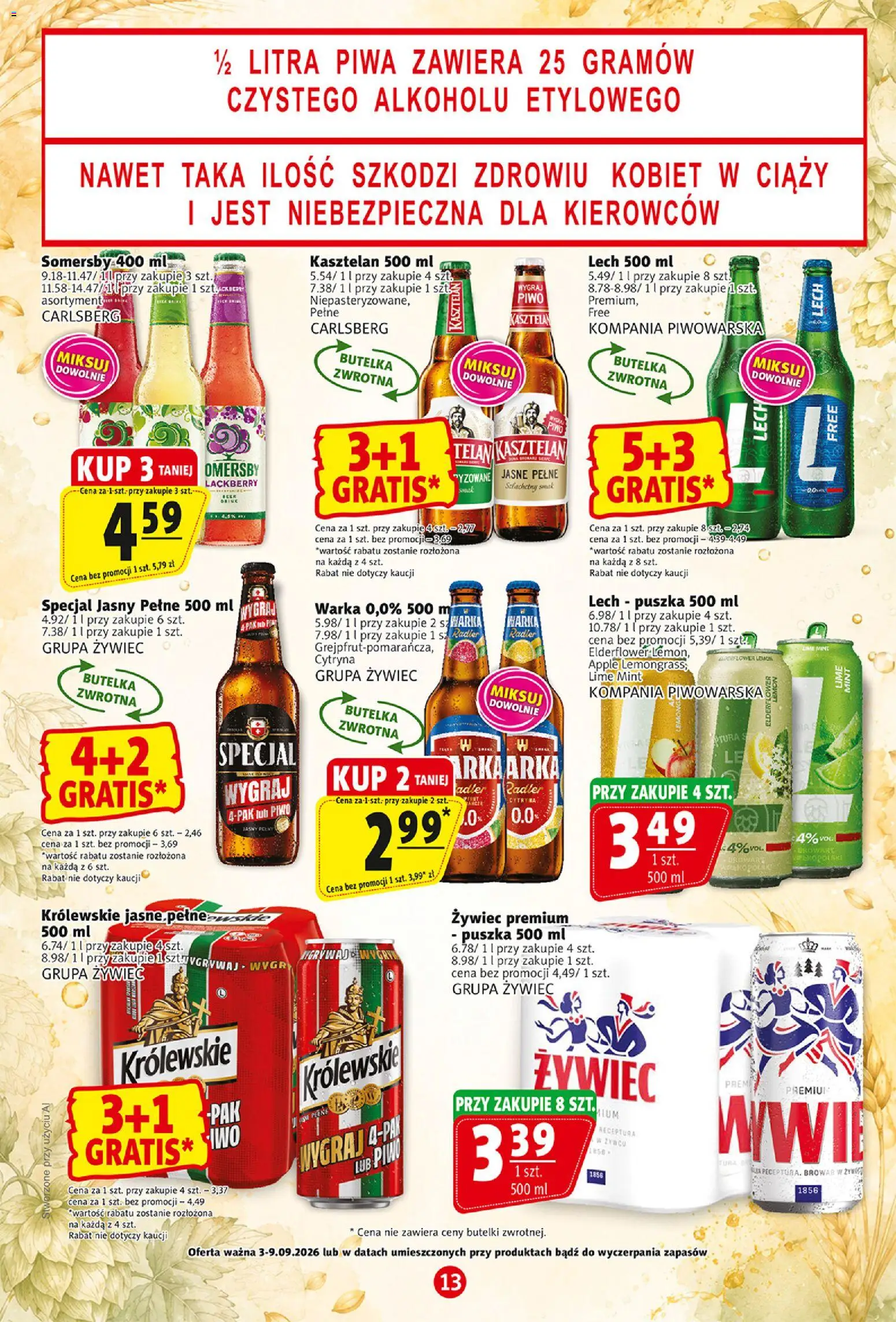 Prim Market gazetka od 03.09.2026 | Strona: 13 | Produkty: Lech, Radler, Warka, Piwo