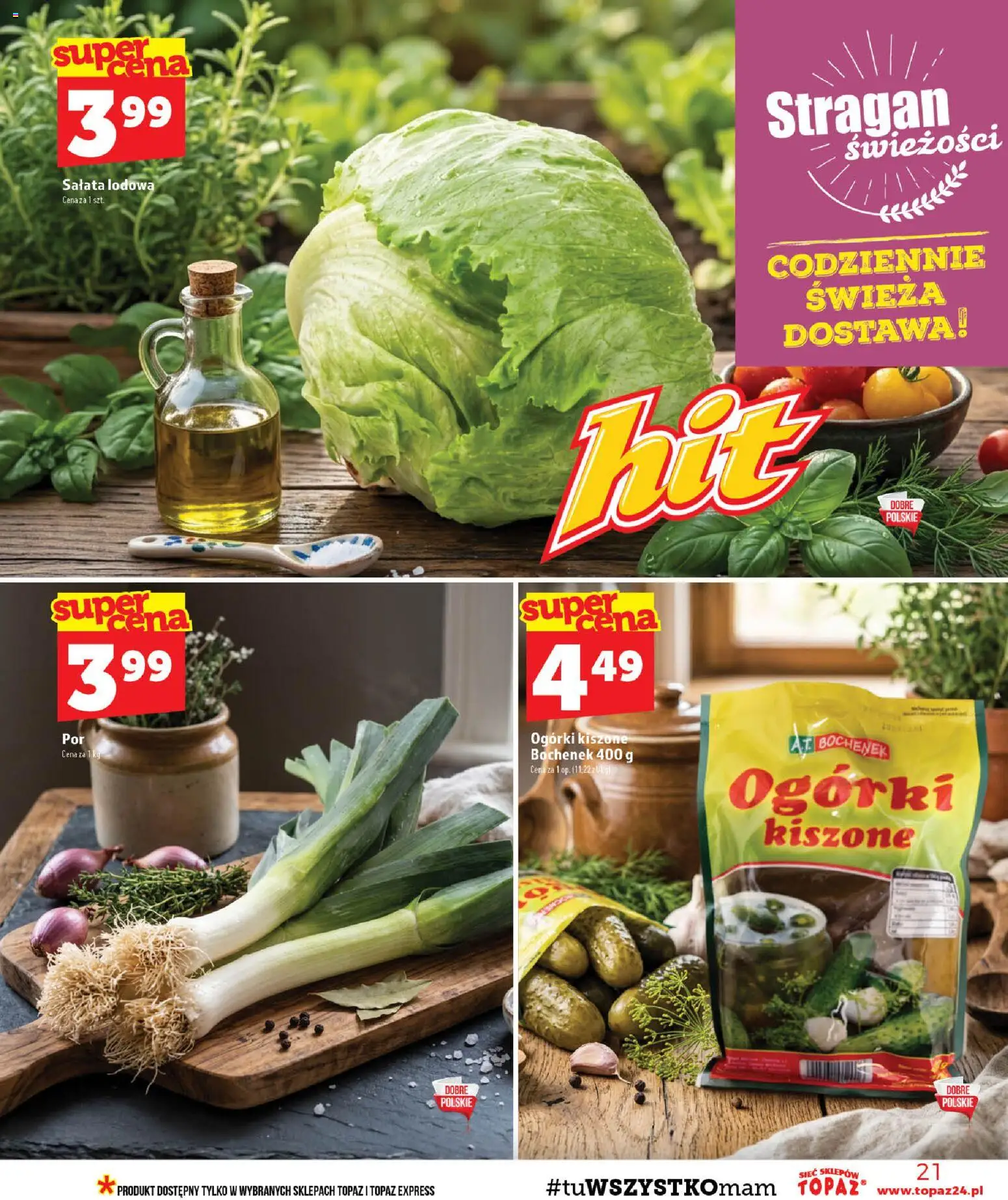 Topaz gazetka - MAZ od 03.09.2026 | Strona: 21 | Produkty: Sałata, Salata lodowa, Ogórki kiszone, Ogórki