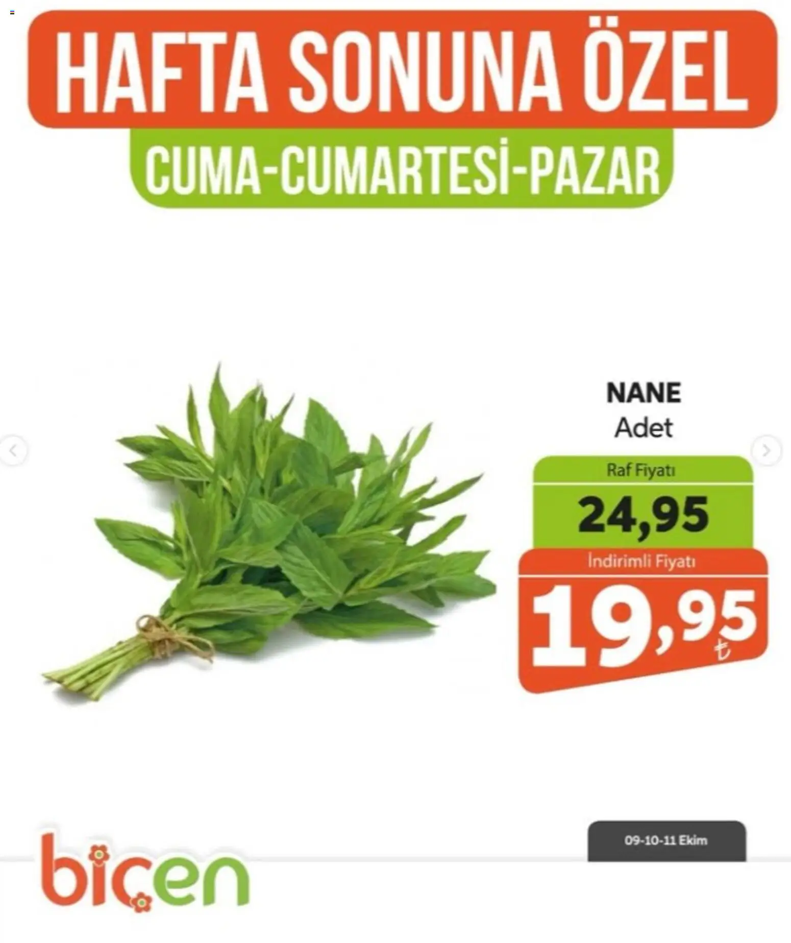 Biçen Market - Hafta Sonuna Özel - Sebze İndirimi - 09 Ekim 2026 tarihinden itibaren geçerlidir | Sayfa: 13 | Ürünler: Raf, Nane