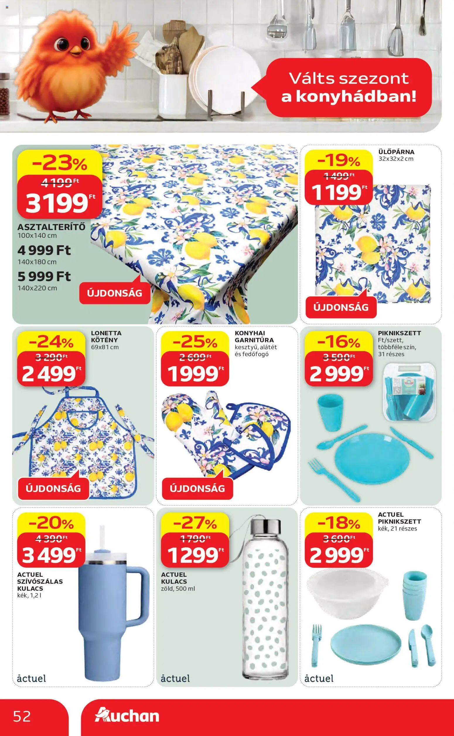Auchan akciós ujság - amely érvényes a következő dátumtól: 07.05.2026 | Oldal: 52 | Termékek: Kulacs, Asztalterítő, Ülőpárna