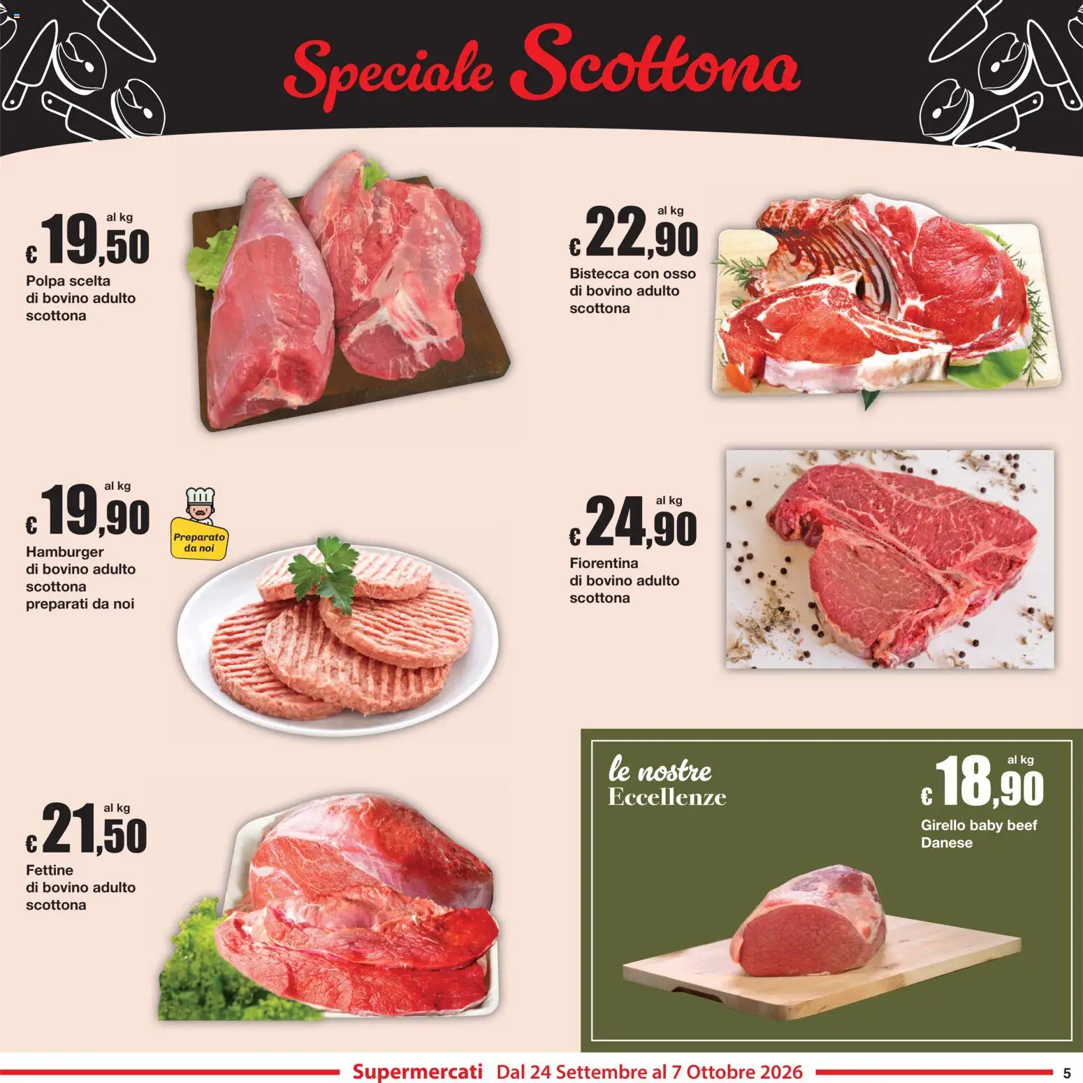 Volantino Sì con Te del 24/09/2026 | Pagina: 5 | Prodotti: Bovino, Girello, Hamburger, Bistecca