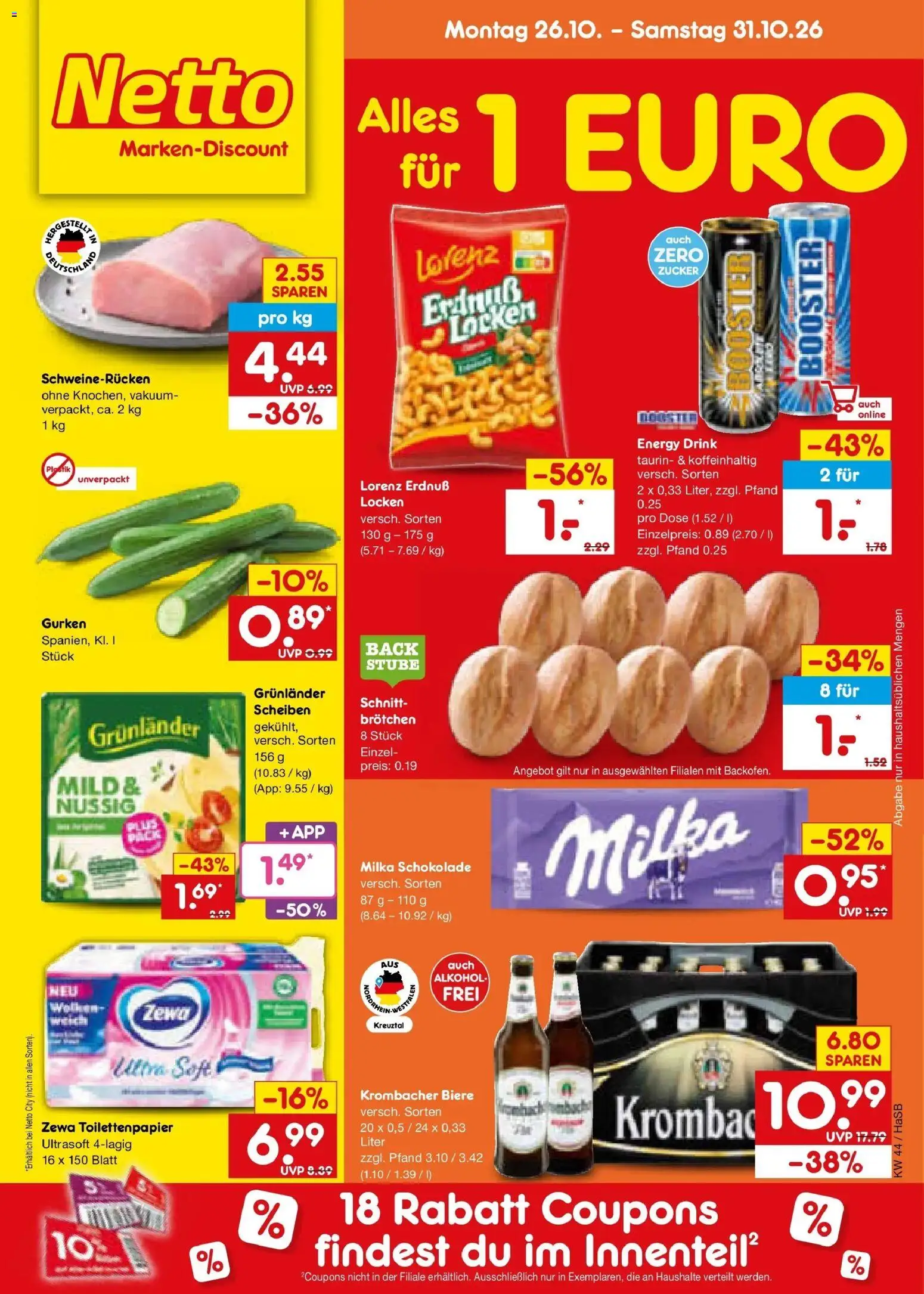 Netto Marken-Discount Prospekt Unna – gültig ab 26.10.2026 | Seite: 1 | Produkte: Grunlander, Schweinerucken, Gurken, Toilettenpapier
