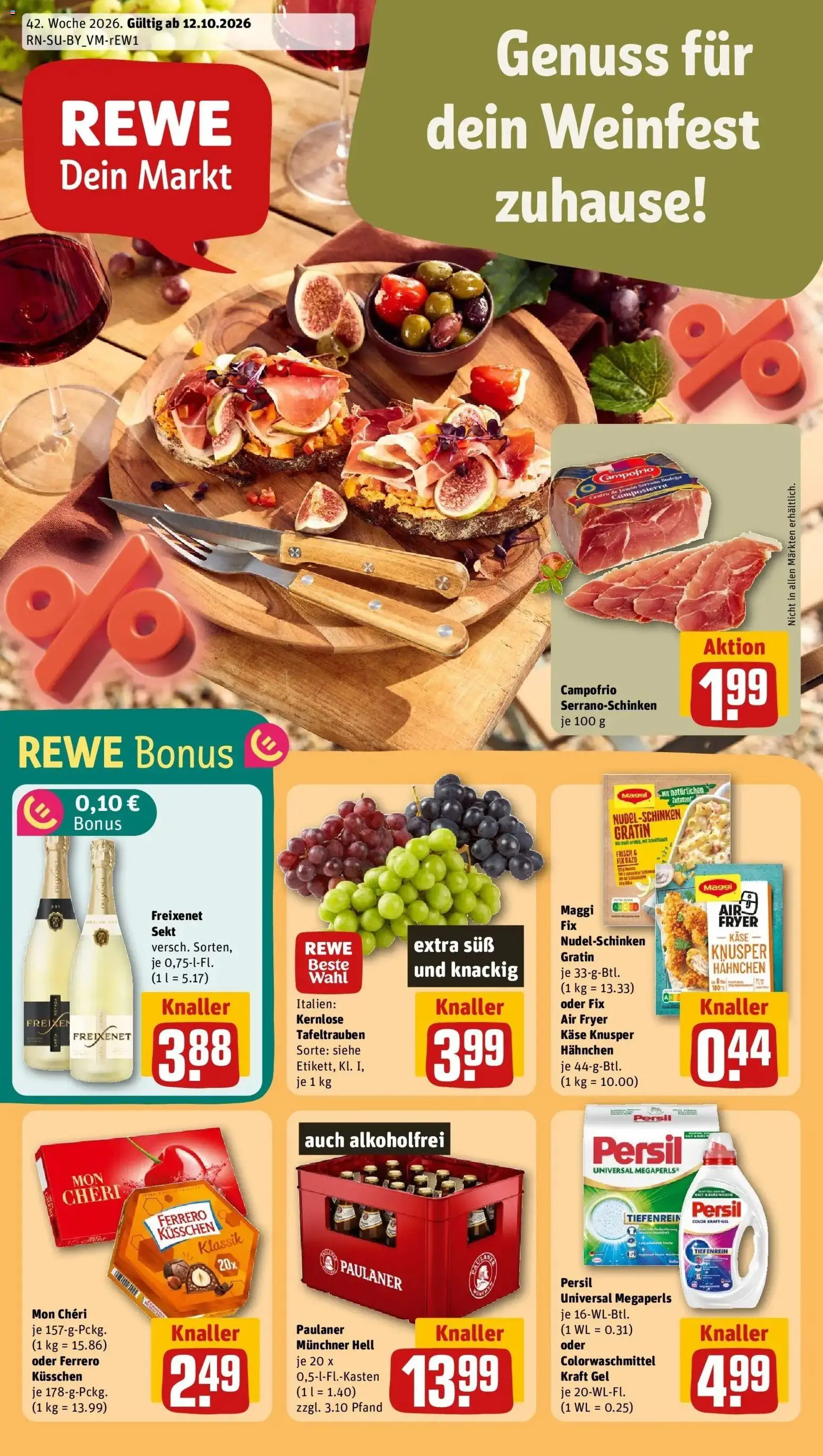 REWE Prospekt ab 12.10.2026 zum Blättern » Angebote | Seite: 1 | Produkte: Hahnchen, Maggi, Käse, Mon cheri