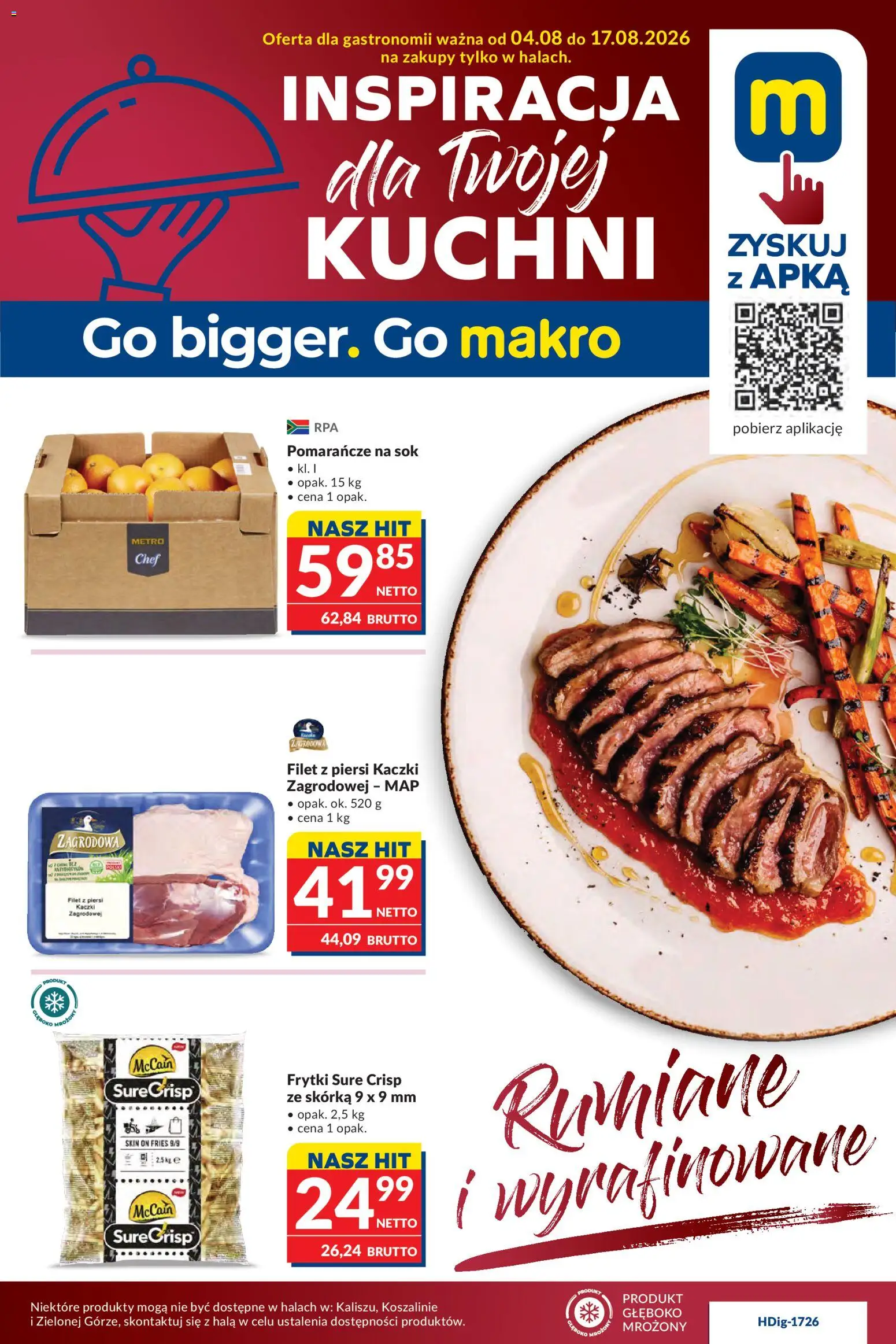 Makro gazetka - Oferta dla gastronomii od 04.08.2026 | Strona: 1 | Produkty: Piersi, Sok, Pomarańcze, Frytki
