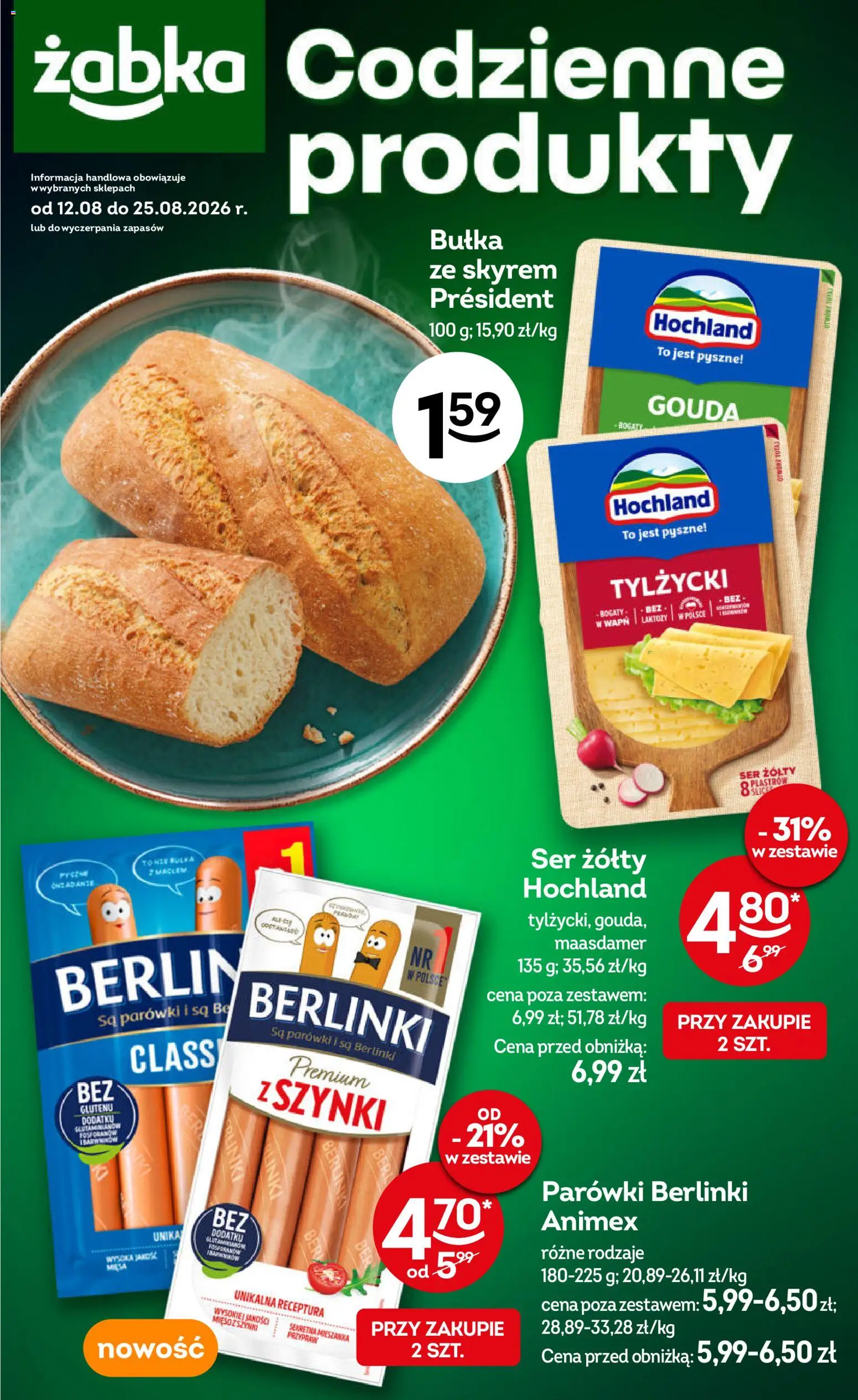 Żabka gazetka - Codzienne produkty od 10.08.2026 | Strona: 1 | Produkty: Parówki, Bułka, Ser, Berlinki