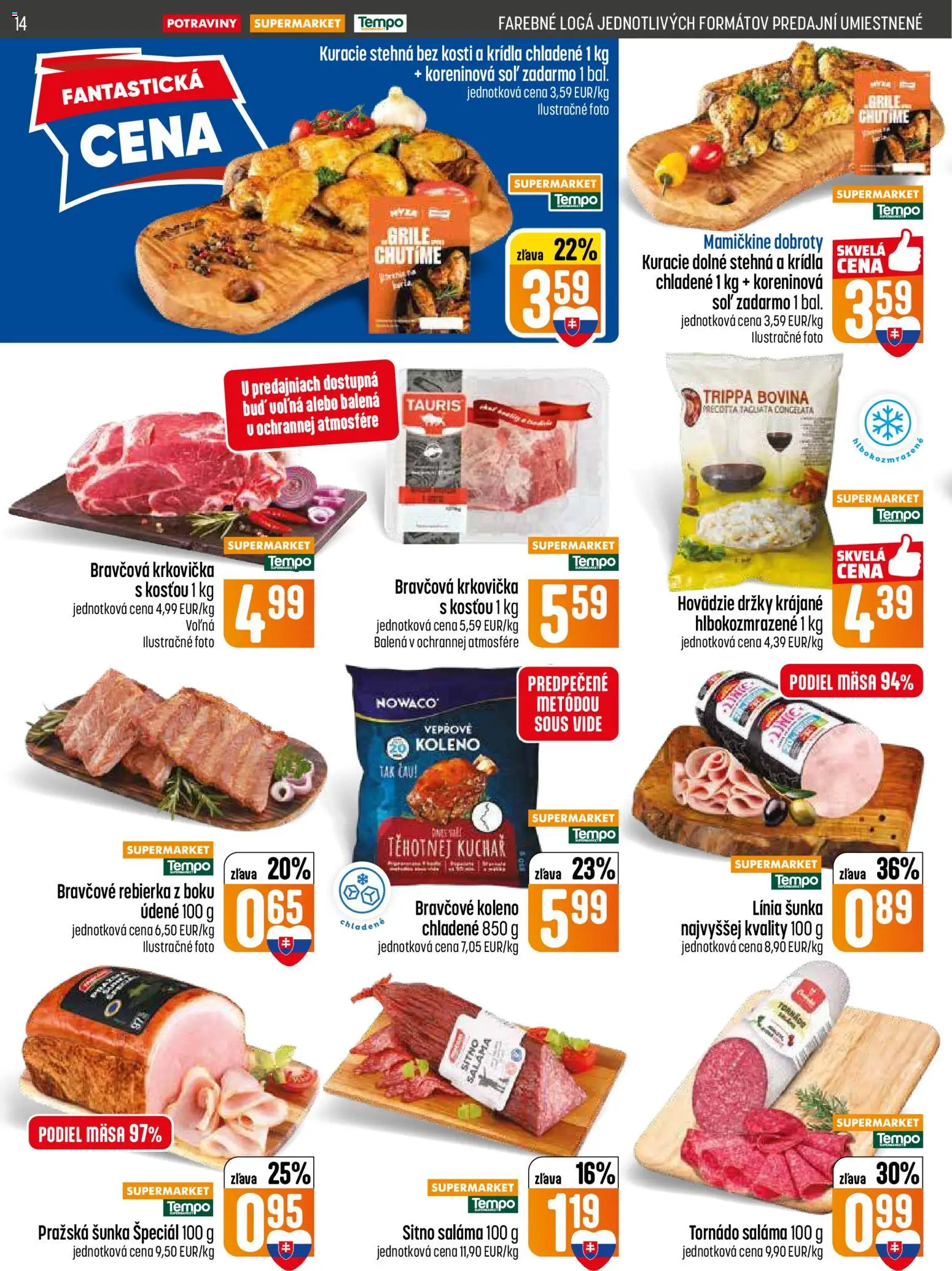Nové COOP Jednota akcie – leták je platný od 07.05.2026 | Strana: 14 | Produkty: Saláma, Šunka, Kuracie stehná, Krkovička