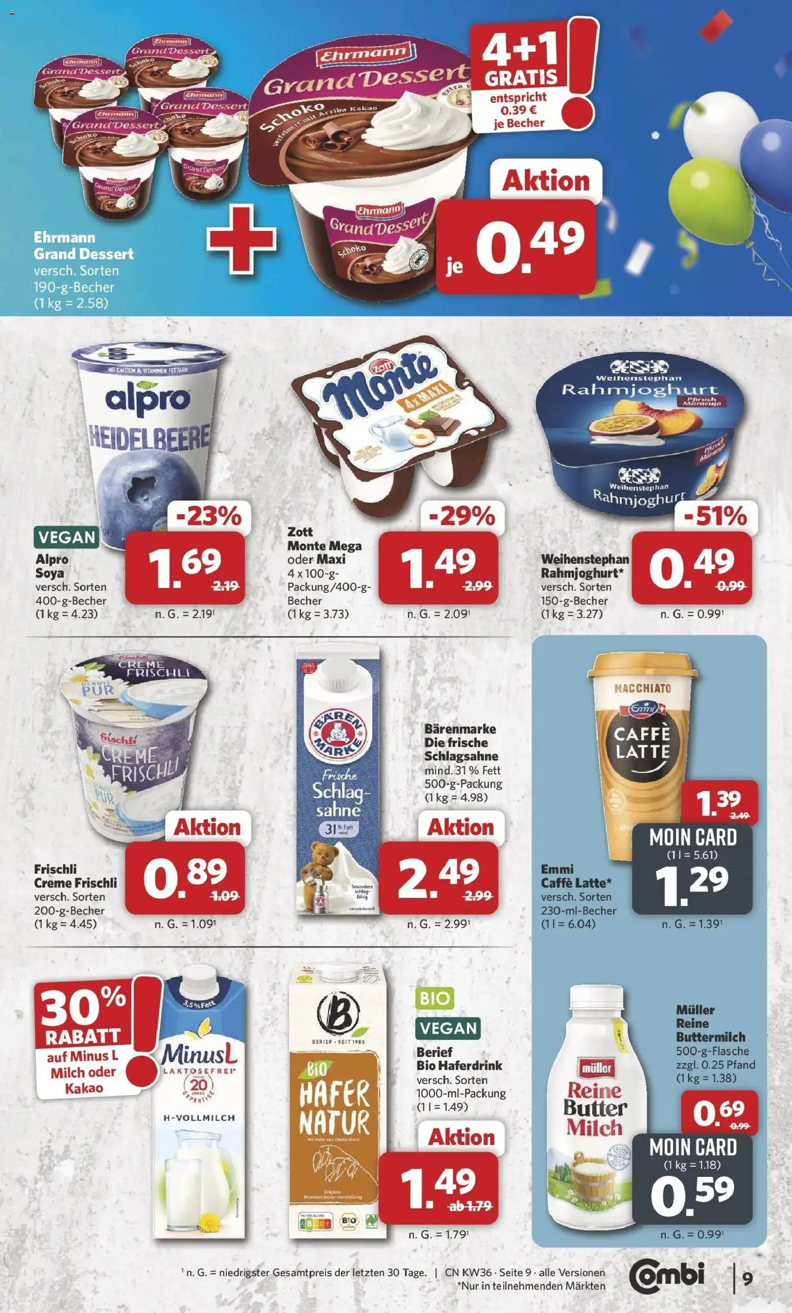Combi Prospekt Weener (ab 31.08.2026) zum Blättern | Seite: 9 | Produkte: Buttermilch, Schlagsahne, Creme, Haferdrink