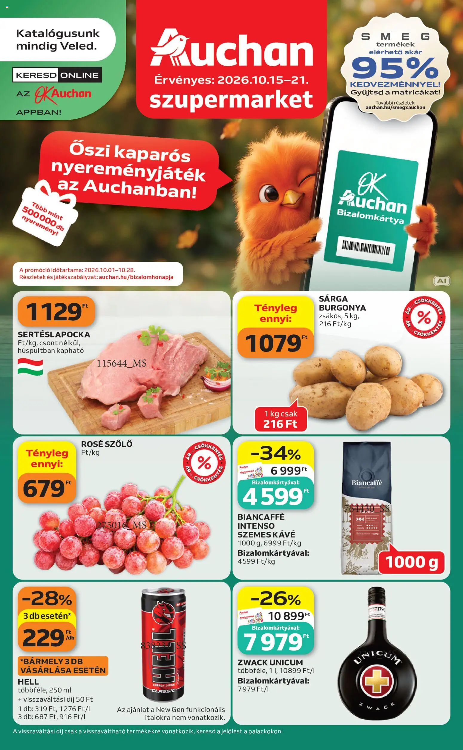 Auchan akciós ujság - amely érvényes a következő dátumtól: 2026.10.15. | Oldal: 1 | Termékek: Szőlő, Hús, Energy drink, Szemes kávé