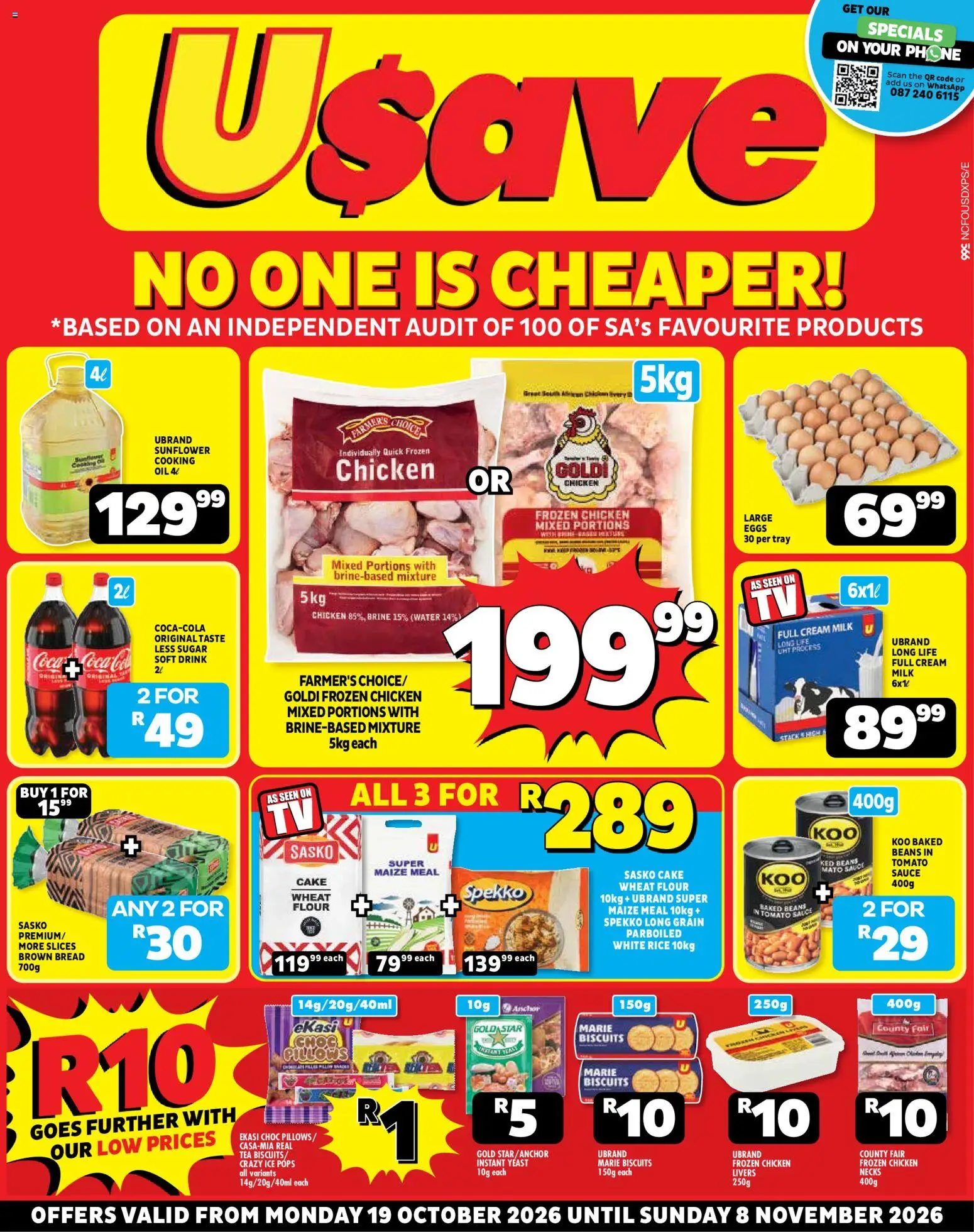 New Usave catalogue – valid from 19/10/2026 | Page: 1 | Products: Cake, Phone, Frozen chicken, Rice