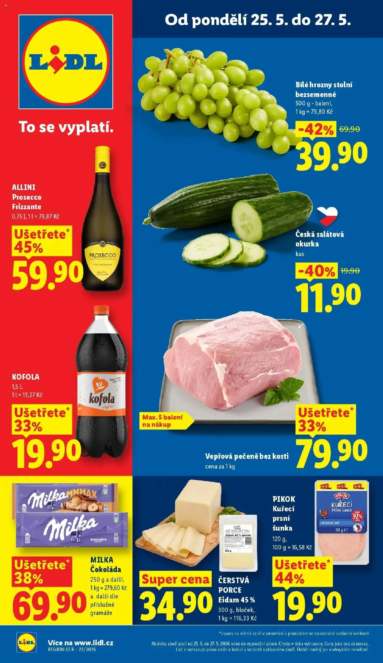 Lidl aktuální leták od 25.05.2026 | Strana: 1 | Produkty: Prosecco, Čokoláda, Eidam, Kofola